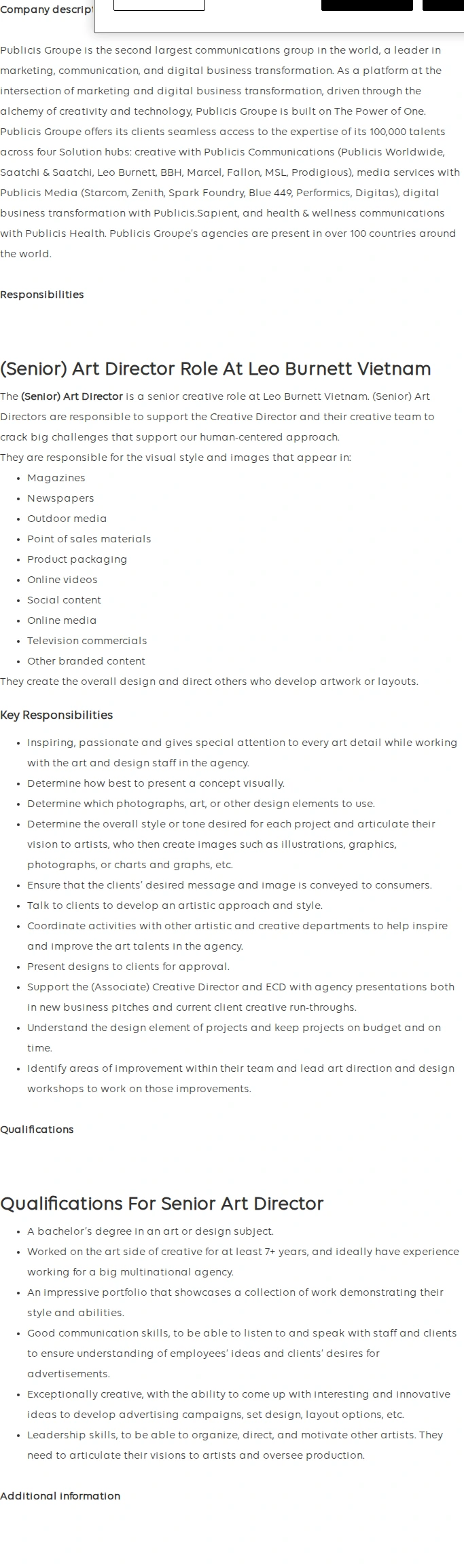 Publicis Groupe Vietnam - Senior Art Director 채용공고