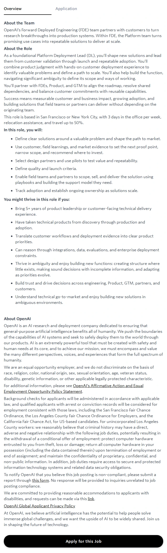 오픈에이아이(OpenAI) Deployment Lead, Forward Deployed Engineering (FDE) - Platform 채용공고