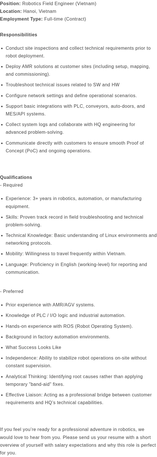 베어로보틱스 Robotics Field Engineer (Vietnam, Hanoi) 채용공고