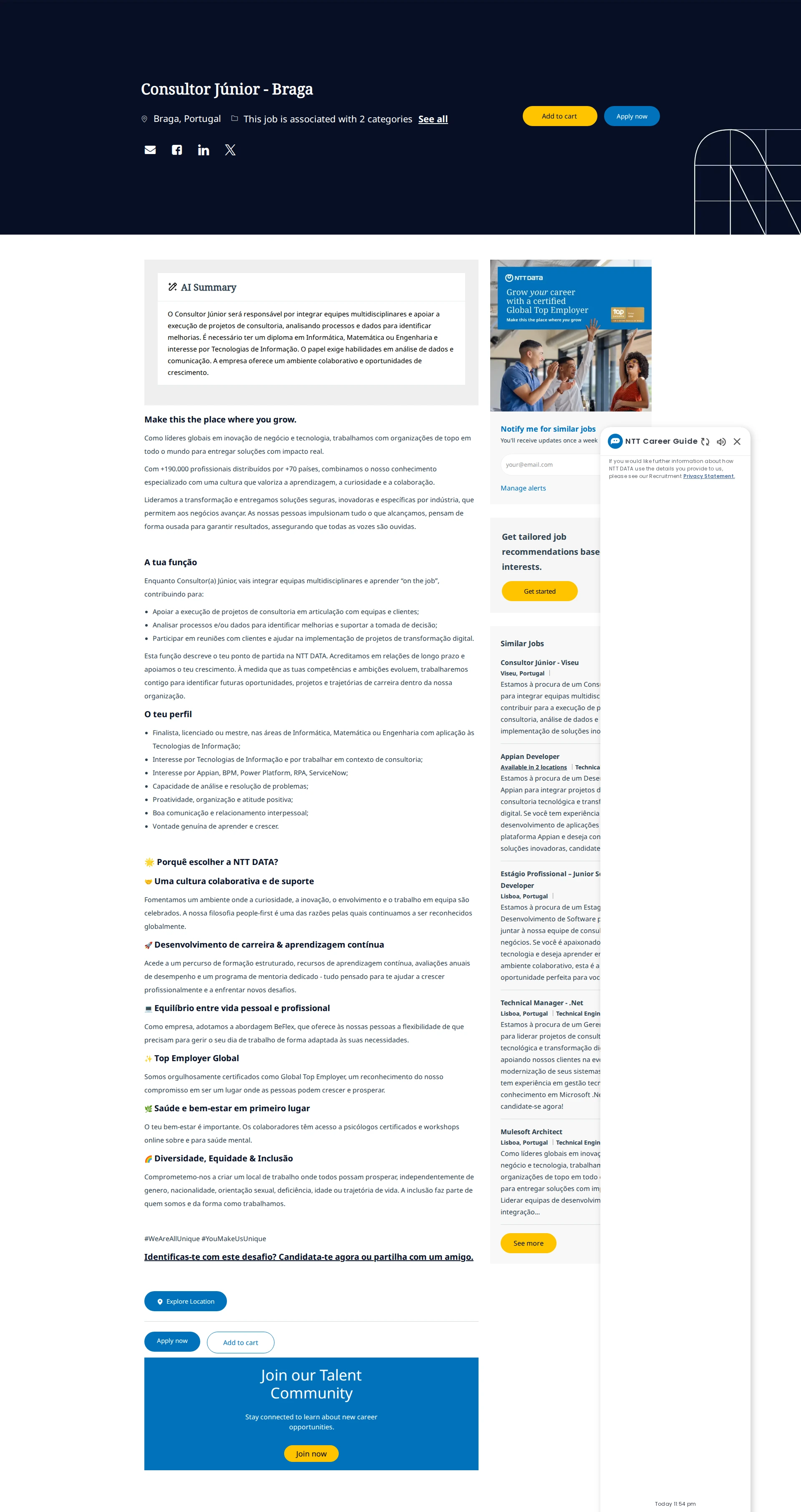 NTT데이터 Consultor Júnior - Braga 채용공고