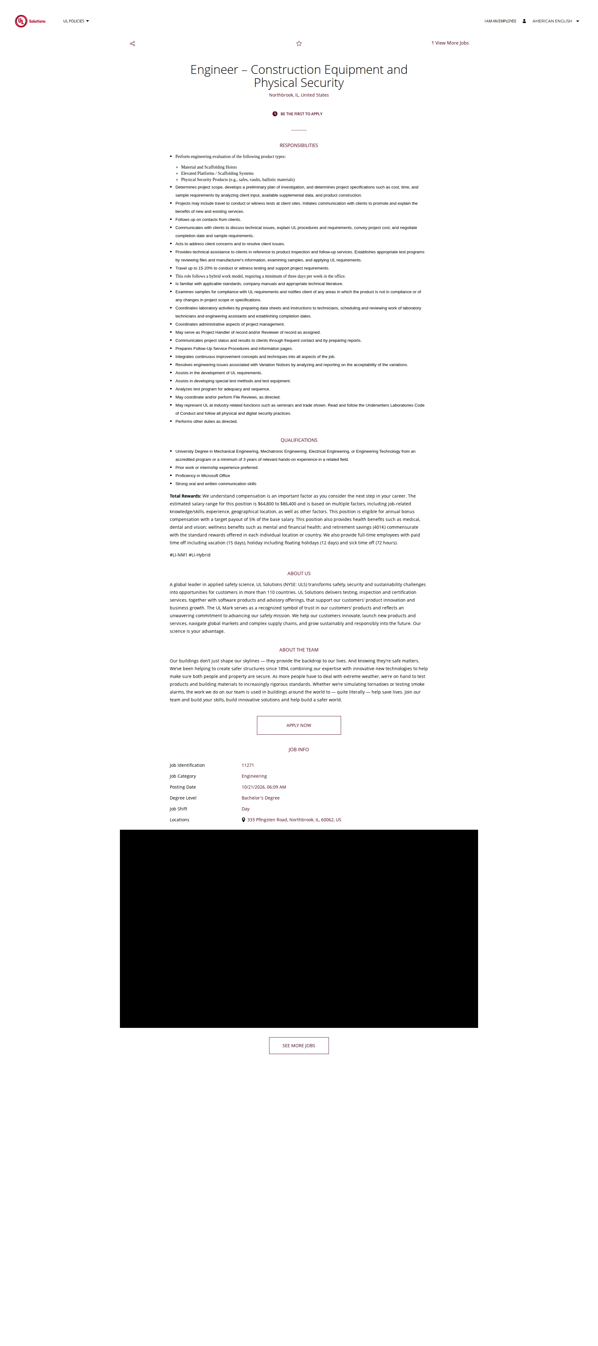 UL Solutions Engineer – Construction Equipment and Physical Security 채용공고