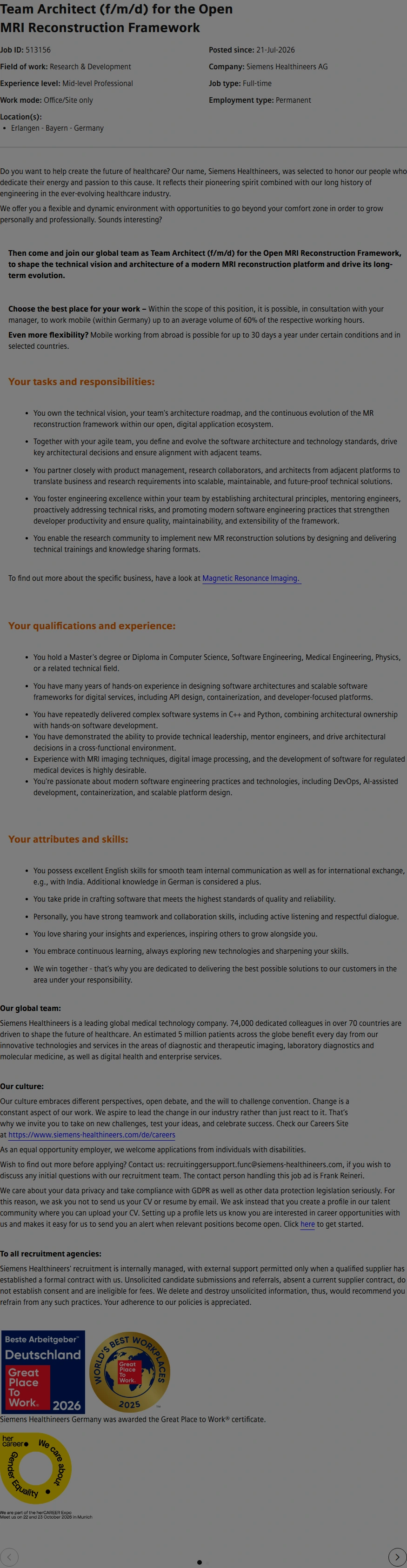 SiemensHealthineers Team Architect (f/m/d) for the Open MRI Reconstruction Framework 채용공고