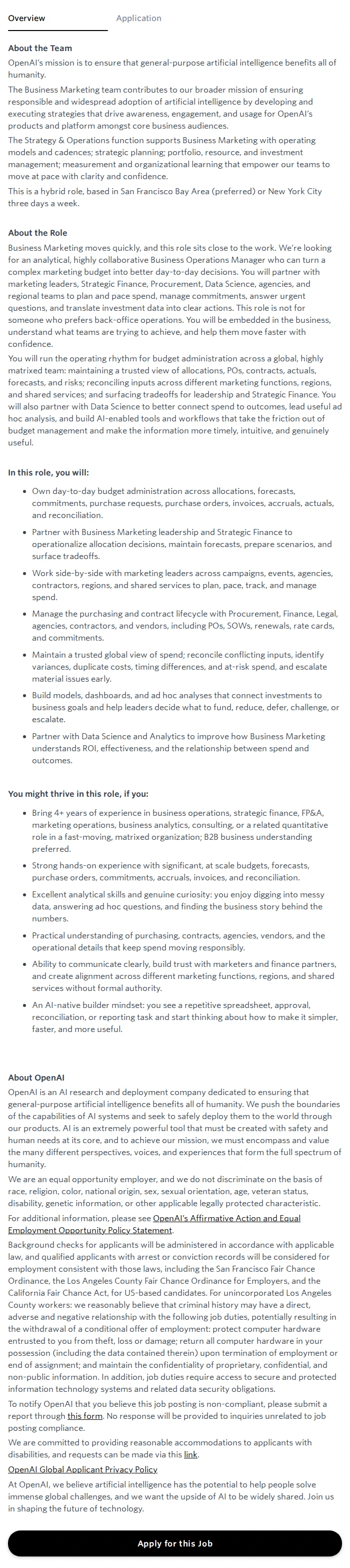 오픈에이아이(OpenAI) Business Operations Manager, Business Marketing 채용공고
