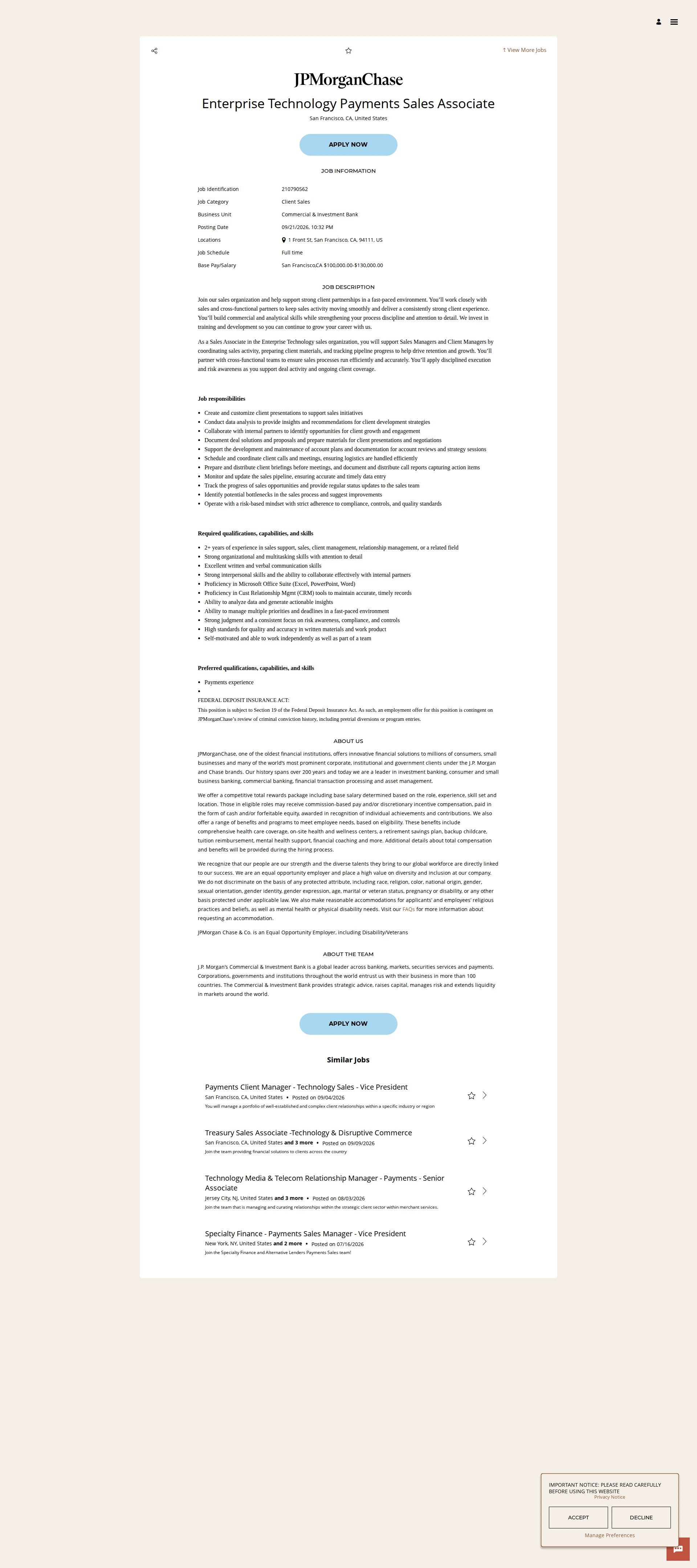 JPMorganChase Enterprise Technology Payments Sales Associate 채용공고