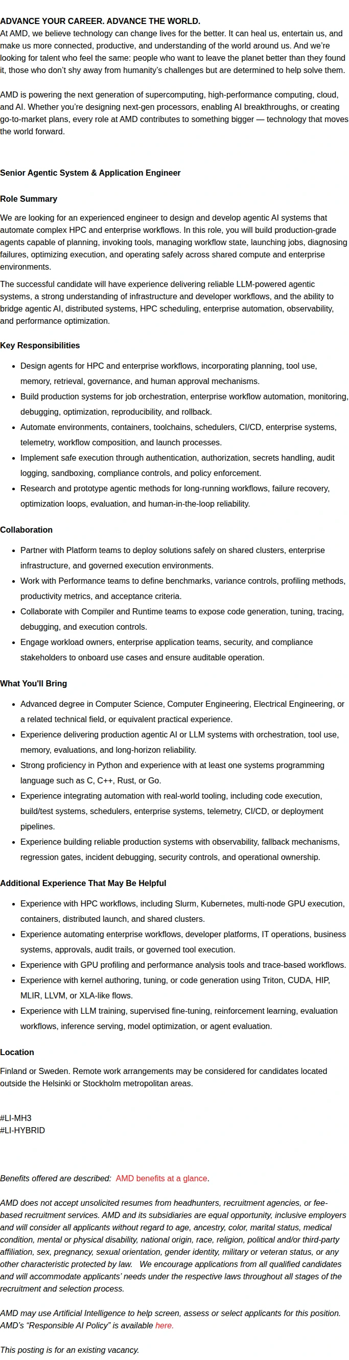 AMD Senior Agentic System & Application Engineer 채용공고