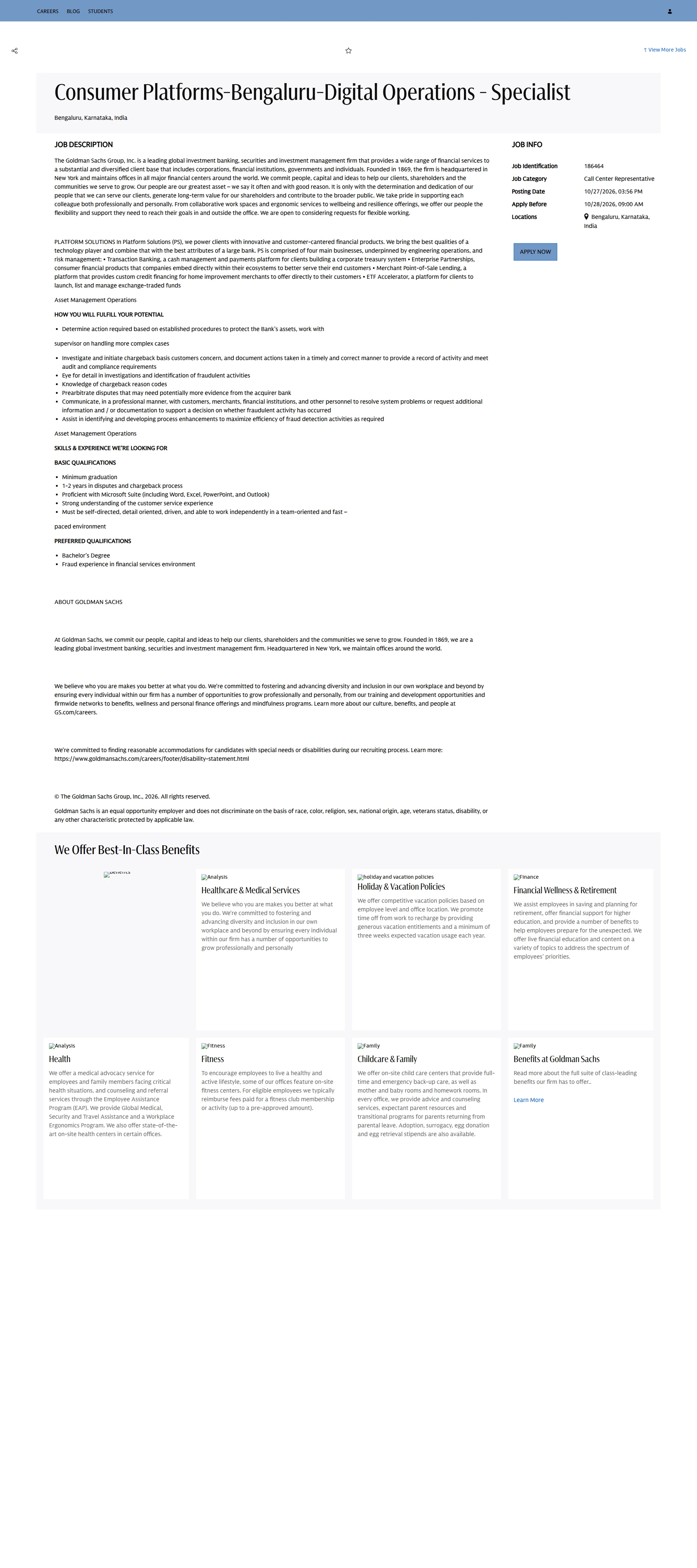 골드만삭스 Consumer Platforms-Bengaluru-Digital Operations - Specialist 채용공고