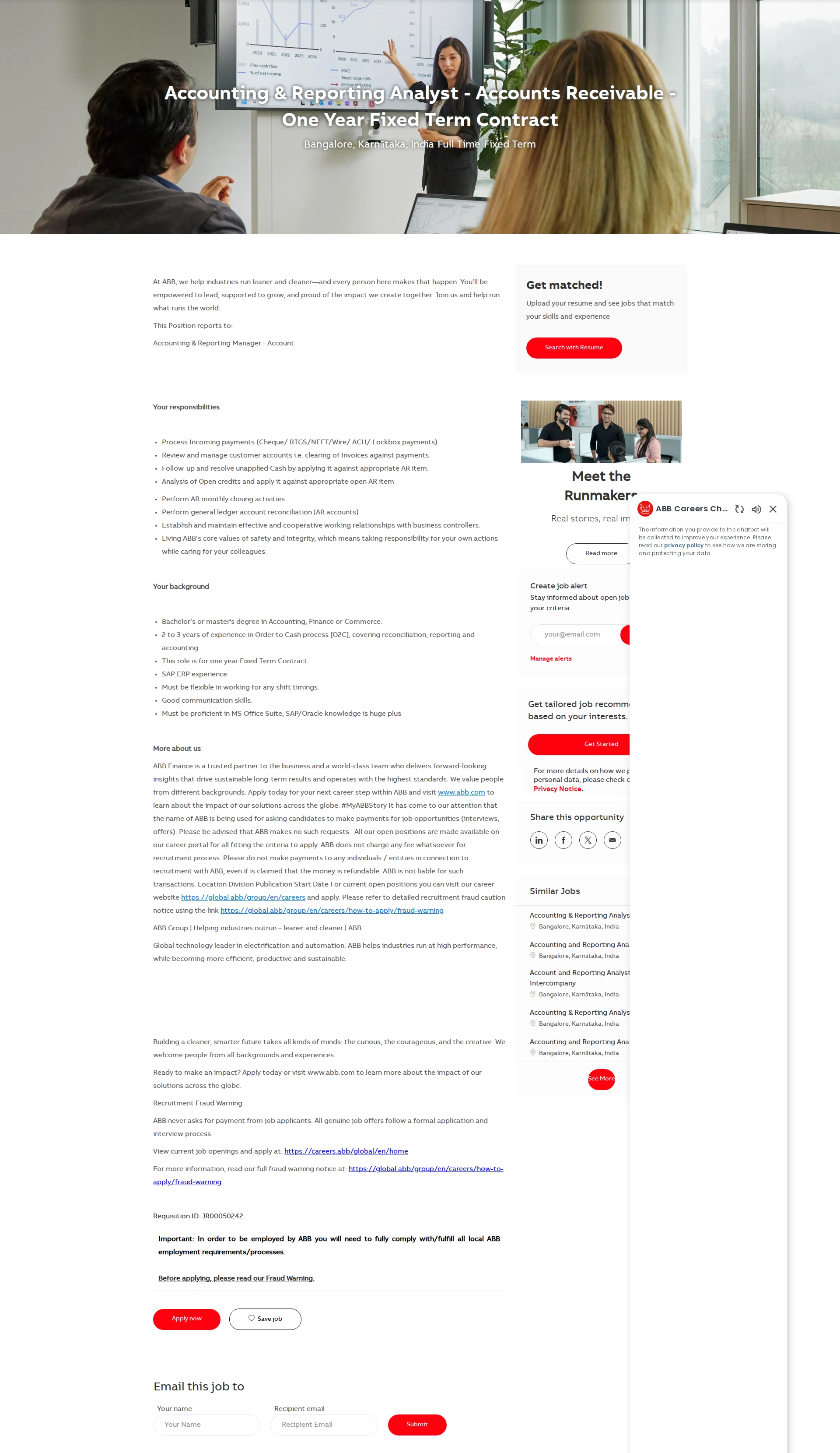 ABB코리아 Accounting & Reporting Analyst - Accounts Receivable - One Year Fixed Term Contract 채용공고