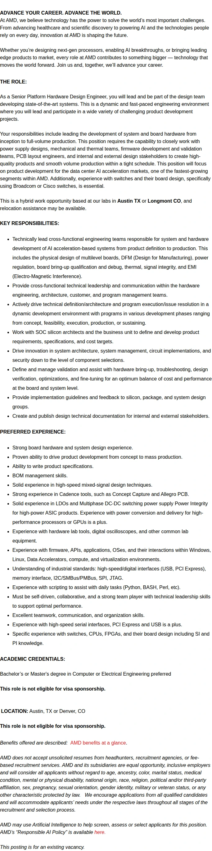 AMD Sr. Platform Hardware Design Engineer 채용공고