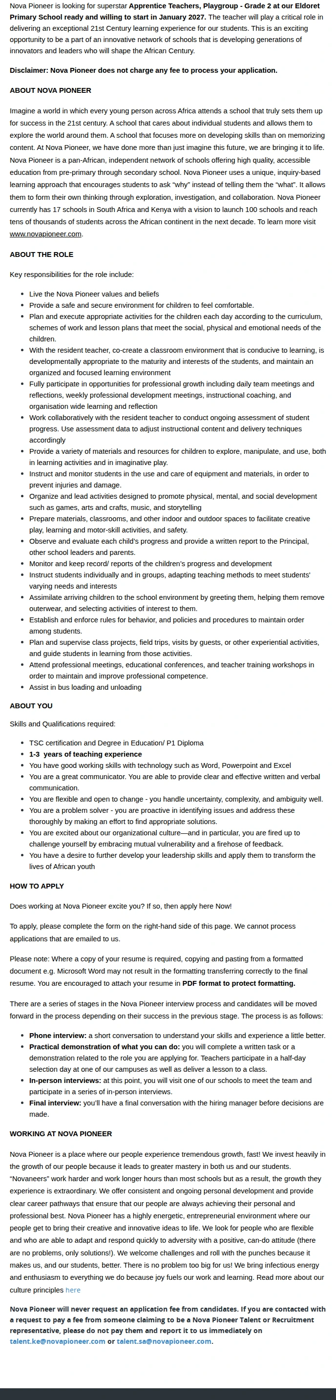 Nova Pioneer Apprentice Teachers: Playgroup - Grade 2 (NP Eldoret Primary) 채용공고