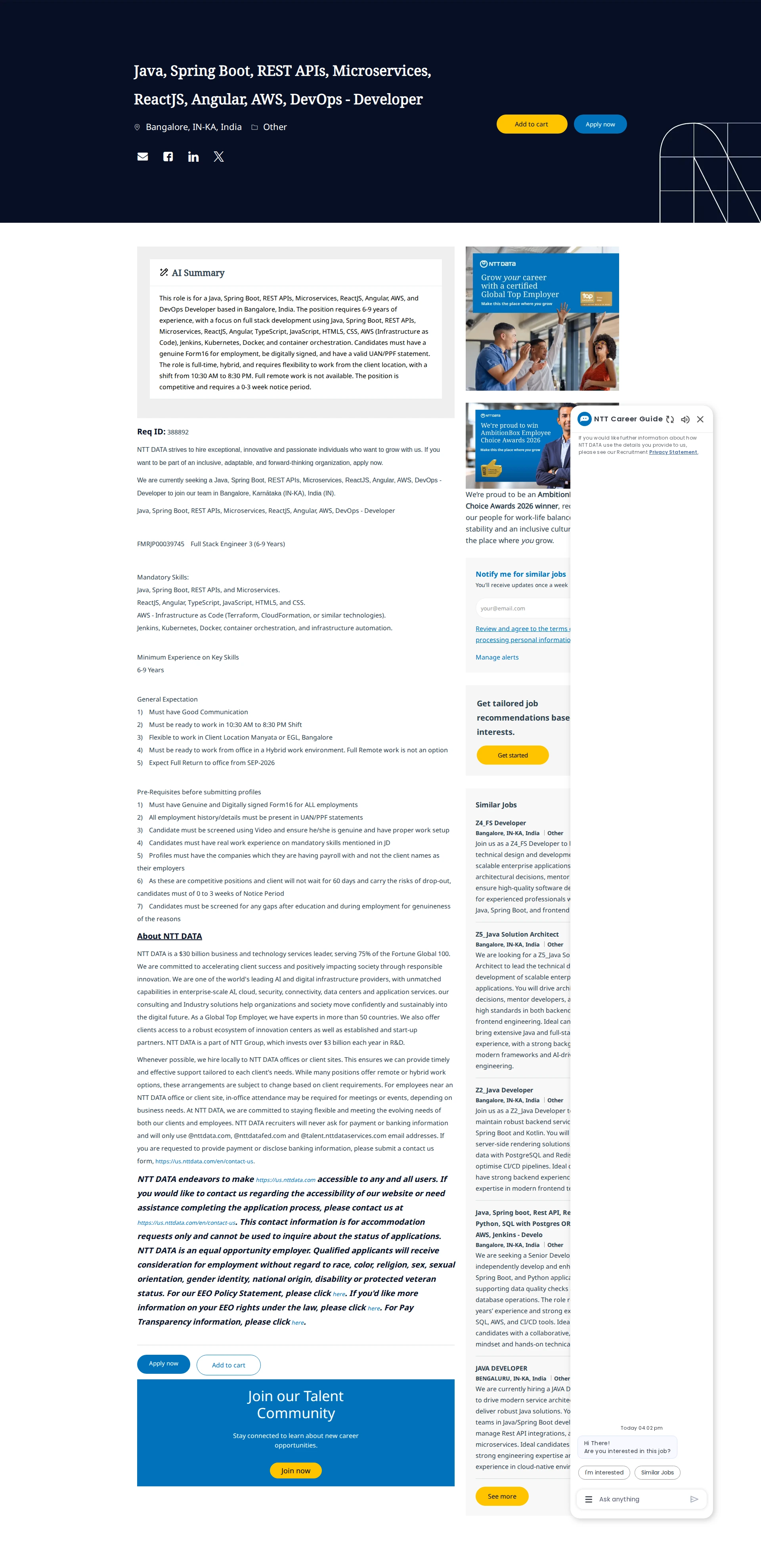 NTT데이터 Java, Spring Boot, REST APIs, Microservices, ReactJS, Angular, AWS, DevOps - Developer 채용공고