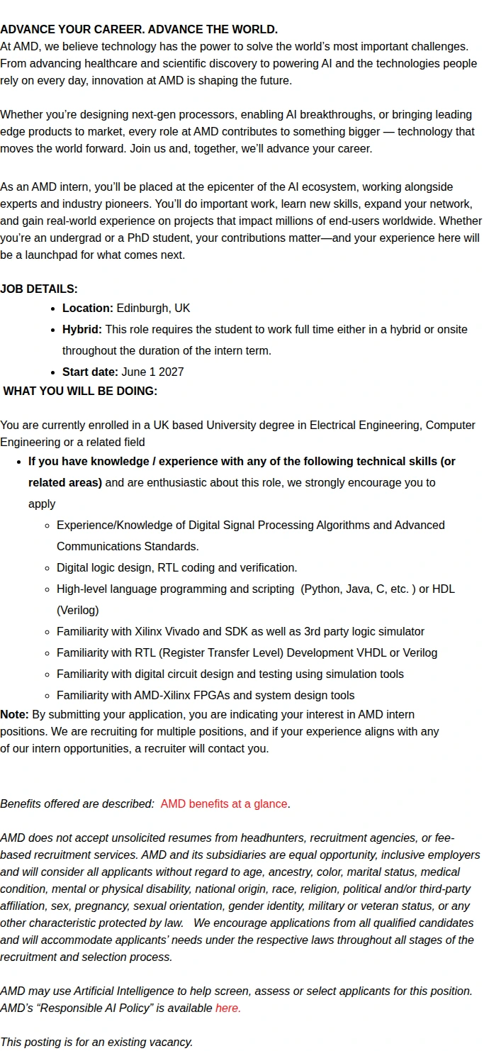 AMD Summer 2027 Hardware Engineer Intern 채용공고