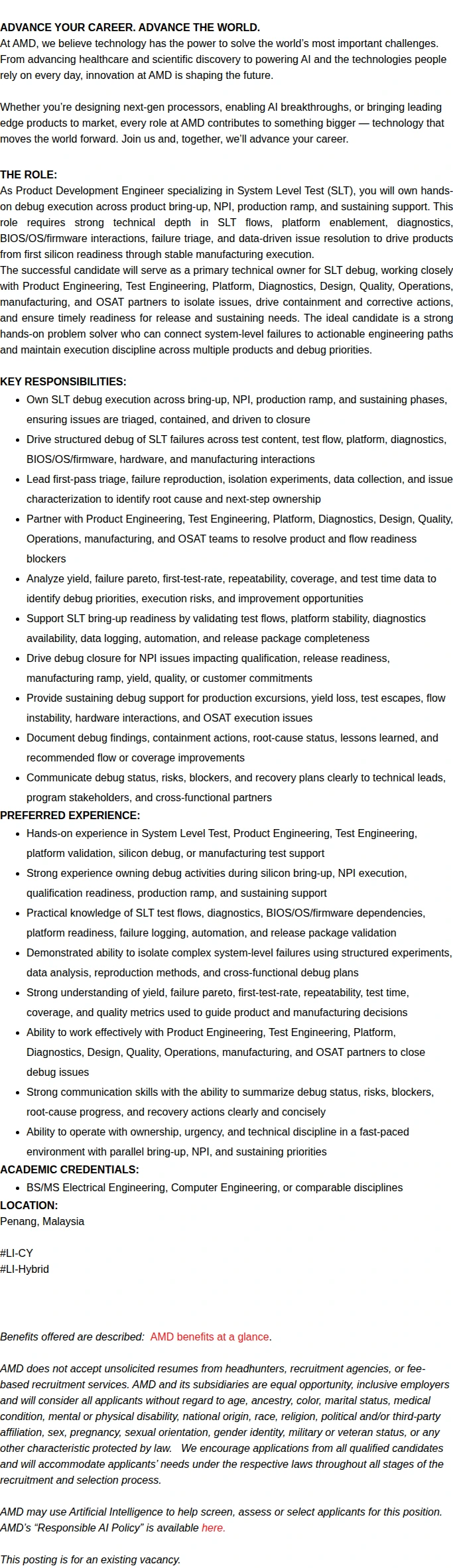 AMD Staff Product Development Engineer (System Level Test) 채용공고