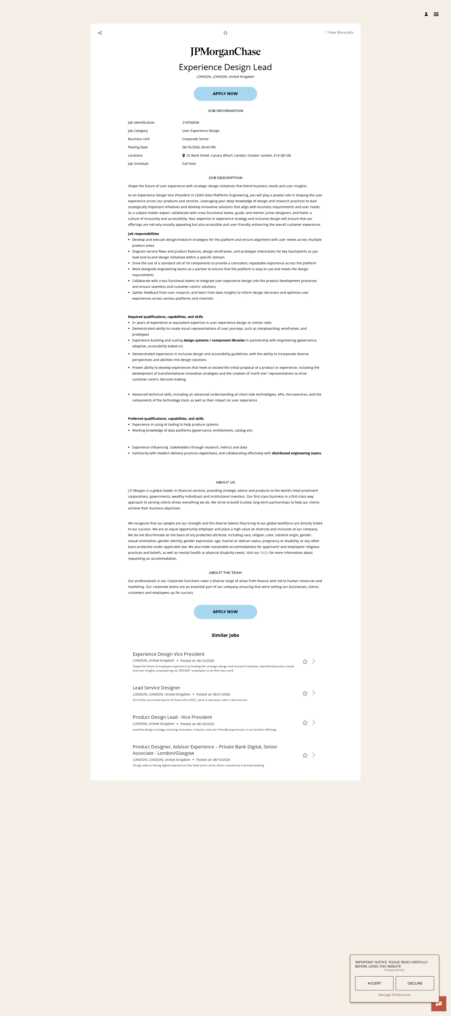 JPMorganChase Experience Design Lead 채용공고