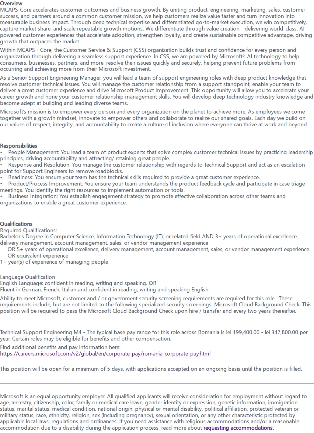 마이크로소프트(Microsoft) Technical Support Engineering Manager - Azure AI 채용공고