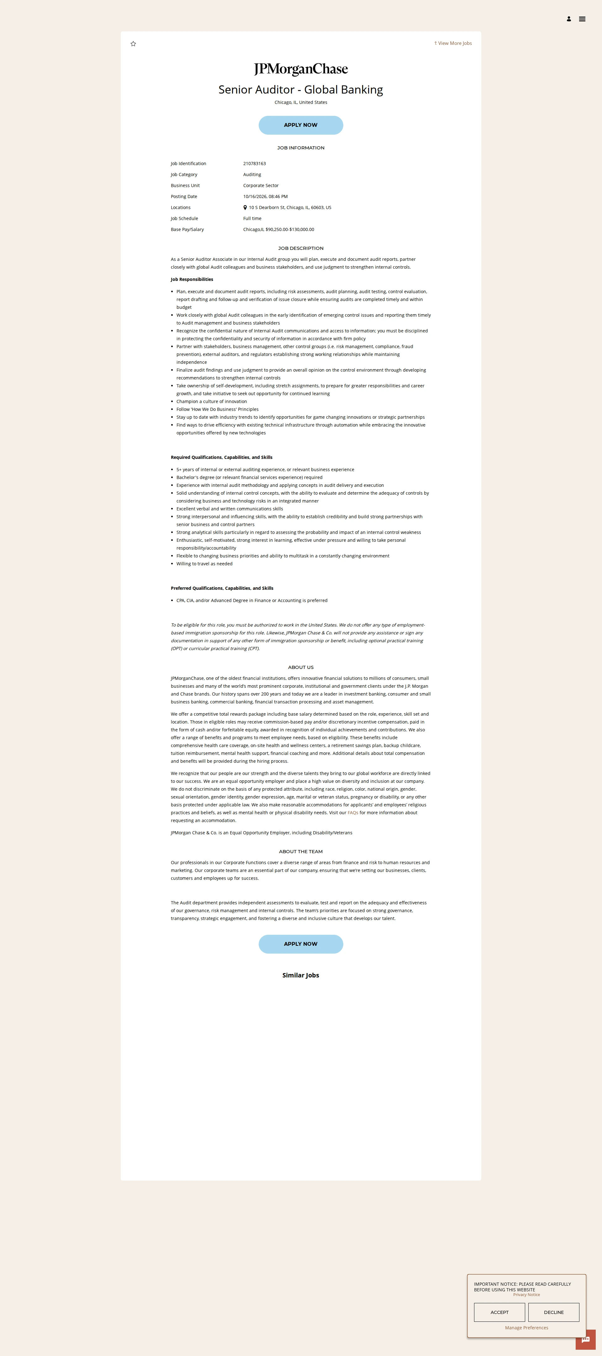 JPMorganChase Senior Auditor - Global Banking 채용공고