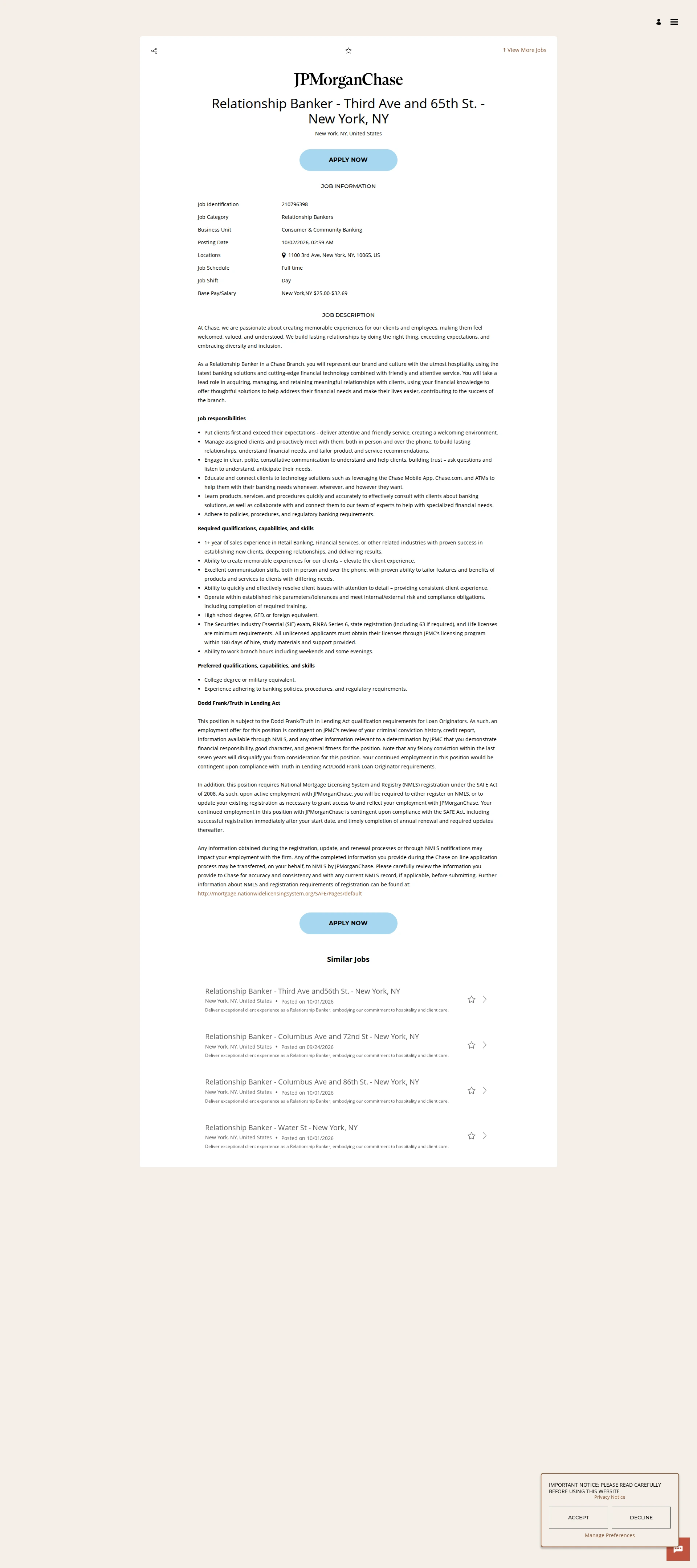 JPMorganChase Relationship Banker - Third Ave and 65th St. - New York, NY 채용공고
