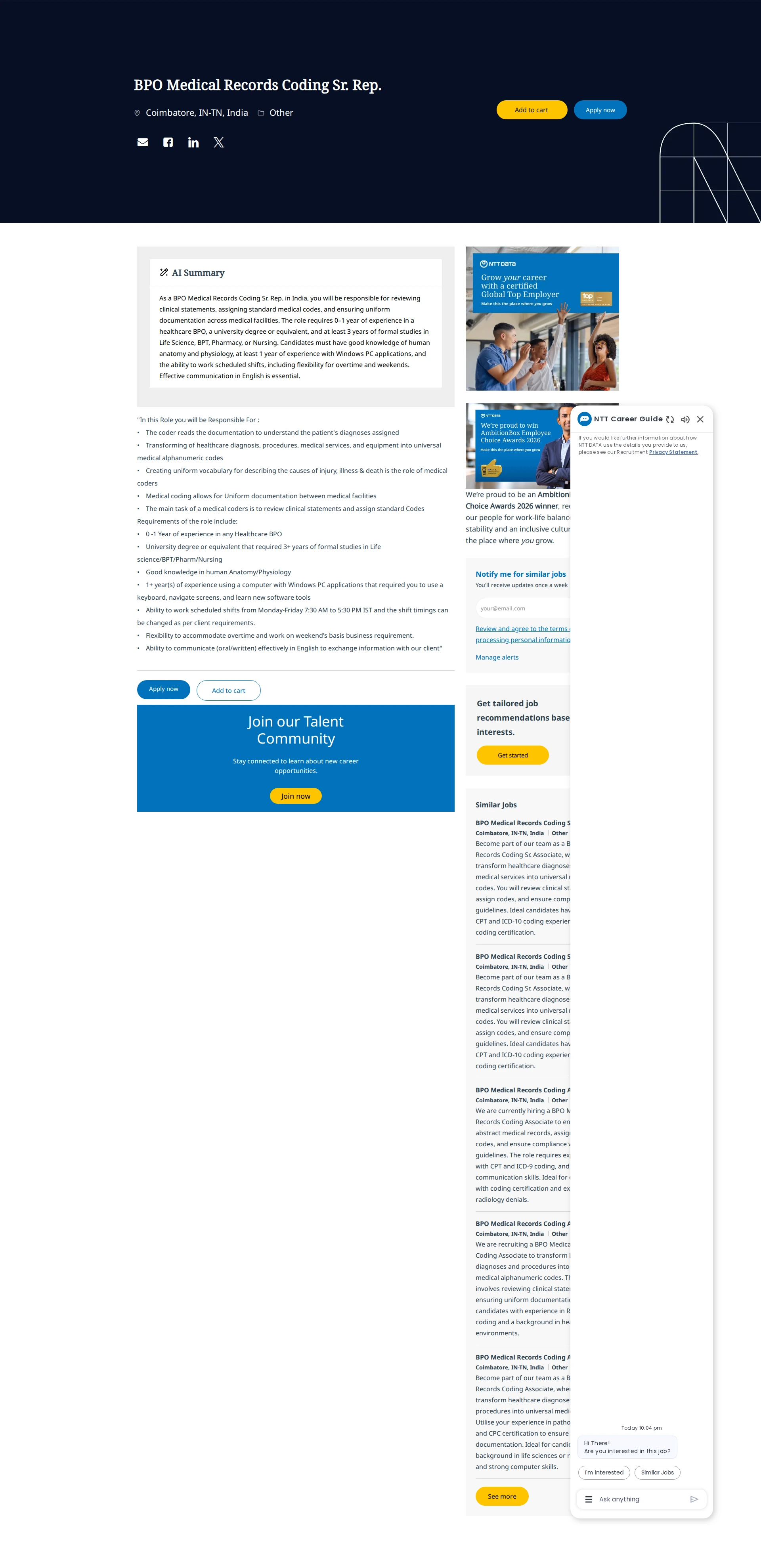 NTT데이터 BPO Medical Records Coding Sr. Rep. 채용공고