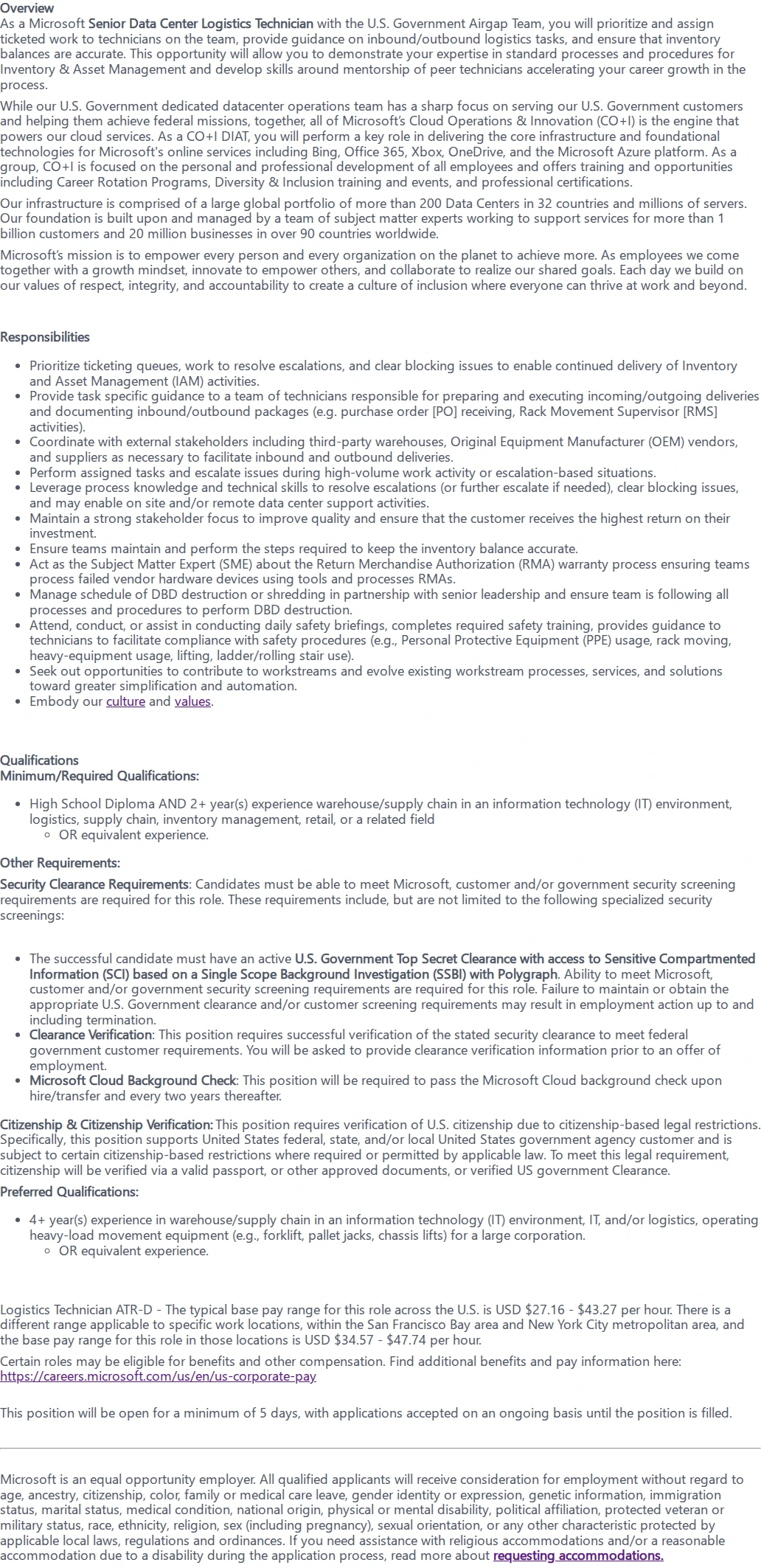 마이크로소프트(Microsoft) Senior Data Center Logistics Technician - CTJ - Poly 채용공고