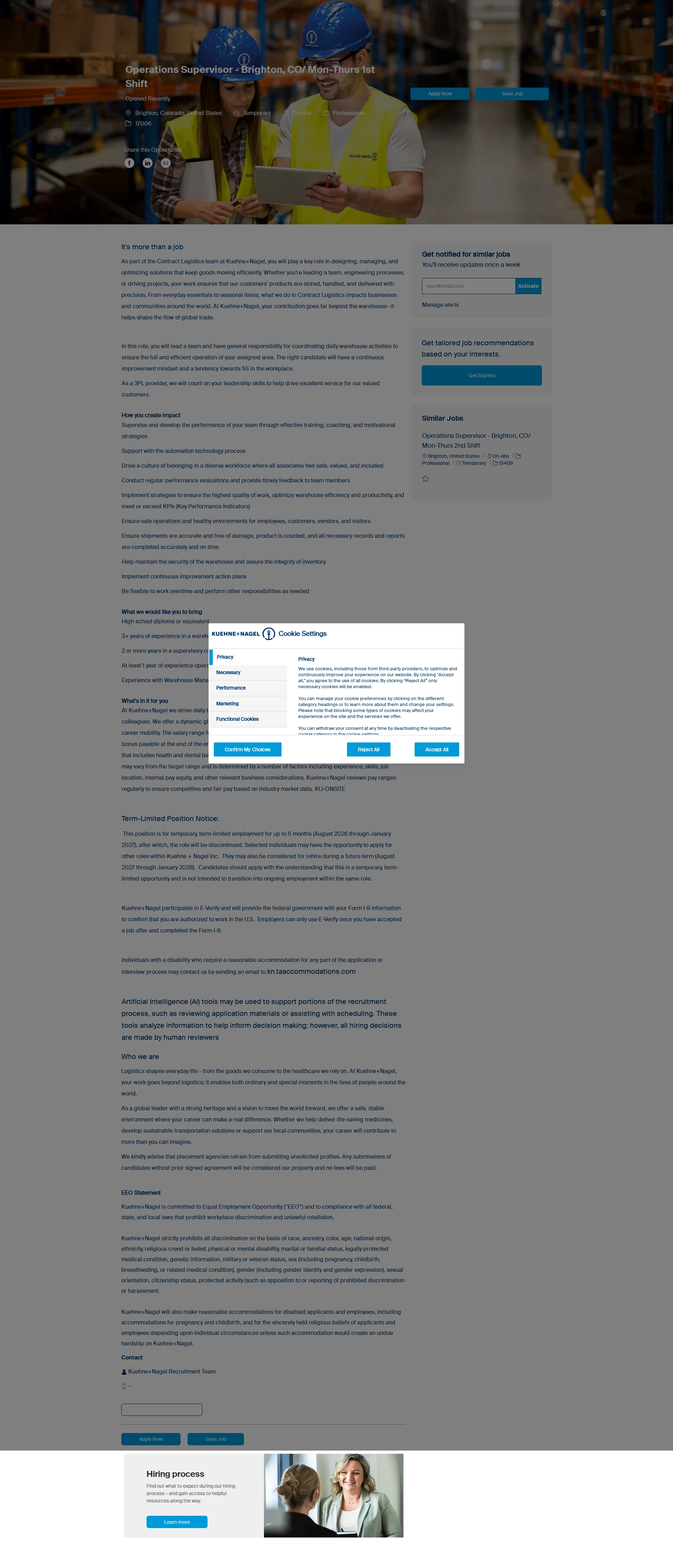 퀴네앤드나겔 Operations Supervisor - Brighton, CO/ Mon-Thurs 1st Shift 채용공고