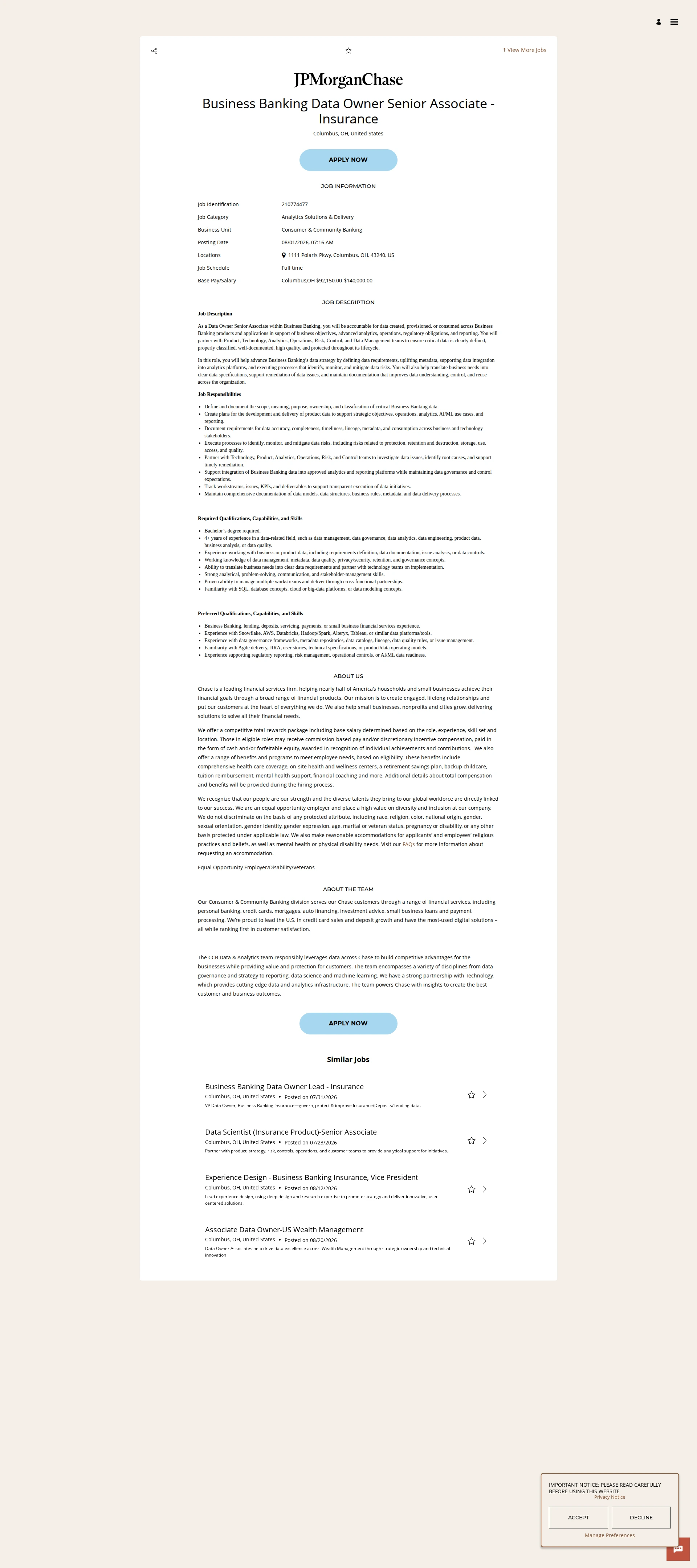 JPMorganChase Business Banking Data Owner Senior Associate - Insurance 채용공고
