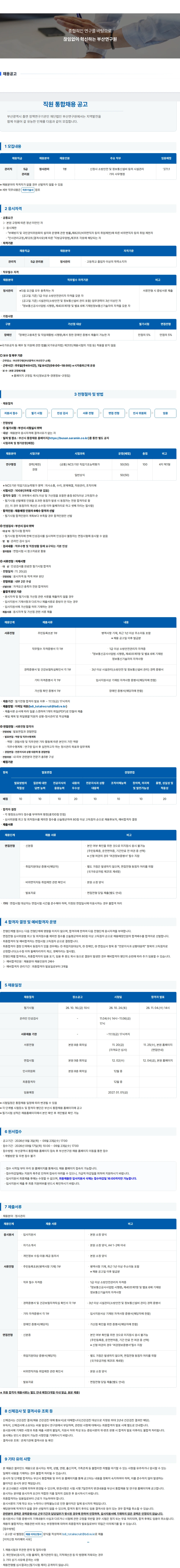 부산연구원 2026년 하반기 (재)부산연구원 직원 통합채용 공고 채용공고