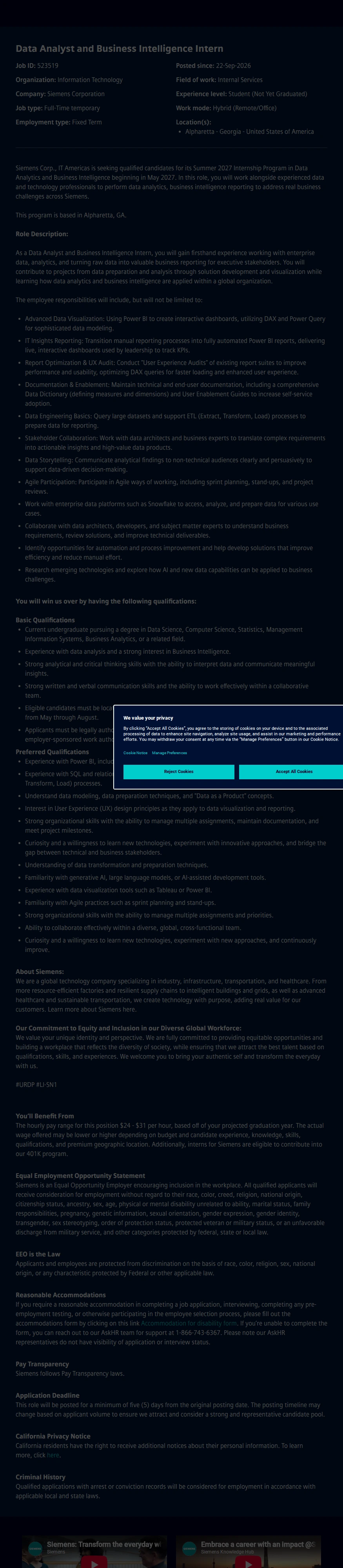 지멘스 Data Analyst and Business Intelligence Intern 채용공고