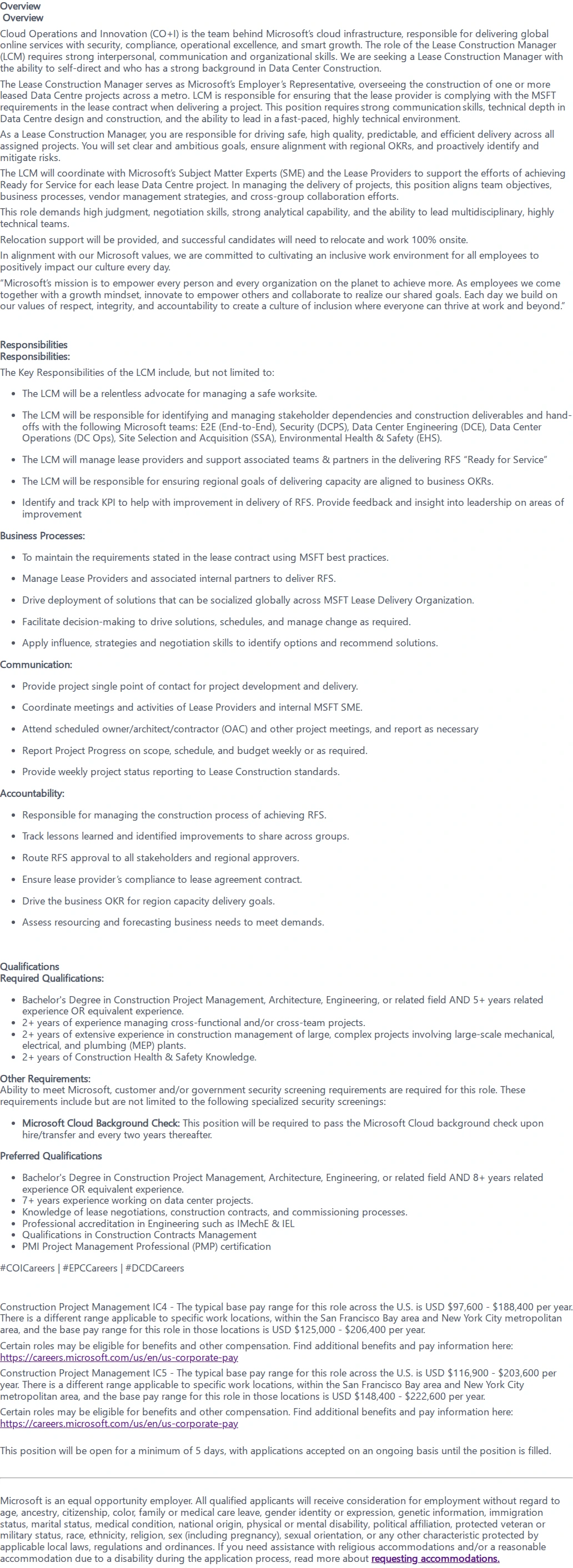 마이크로소프트(Microsoft) Lease Construction Manager 채용공고