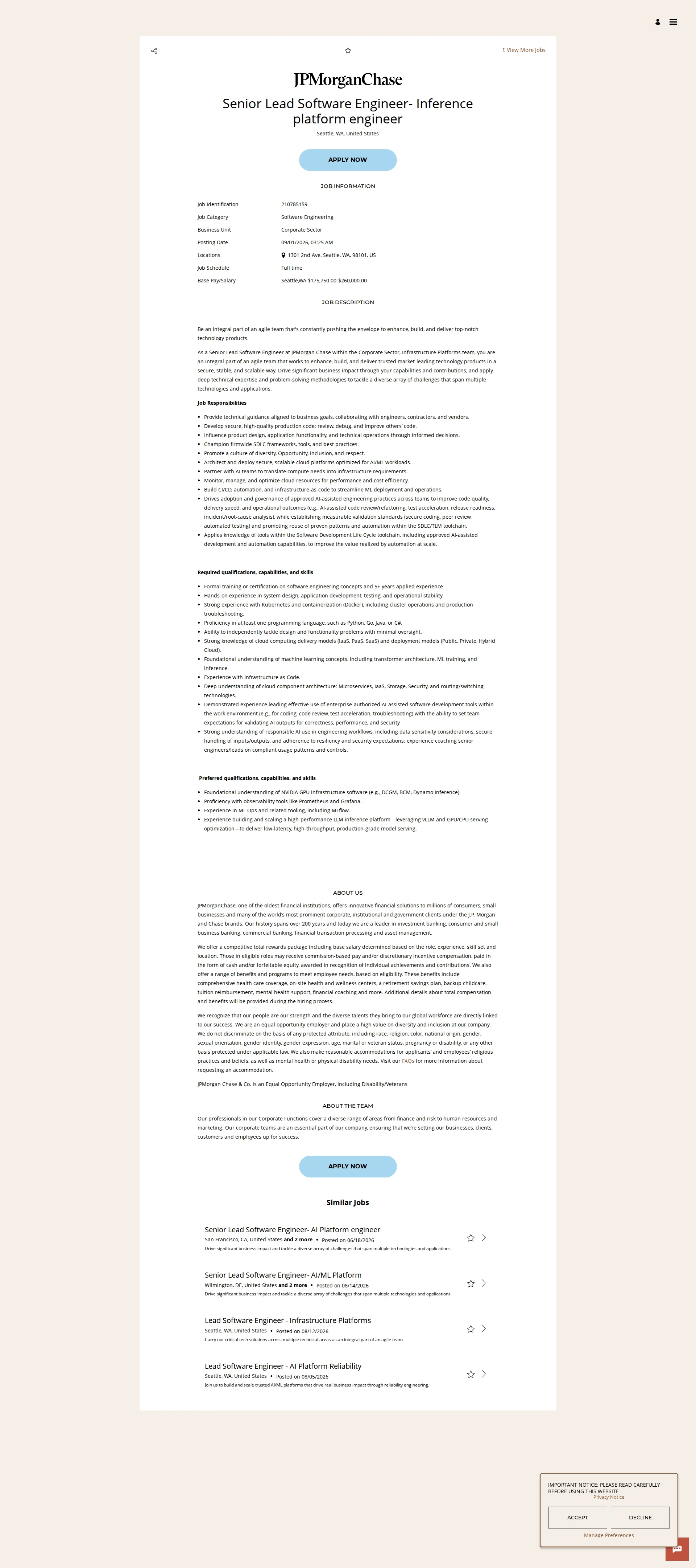 JPMorganChase Senior Lead Software Engineer- Inference platform engineer 채용공고