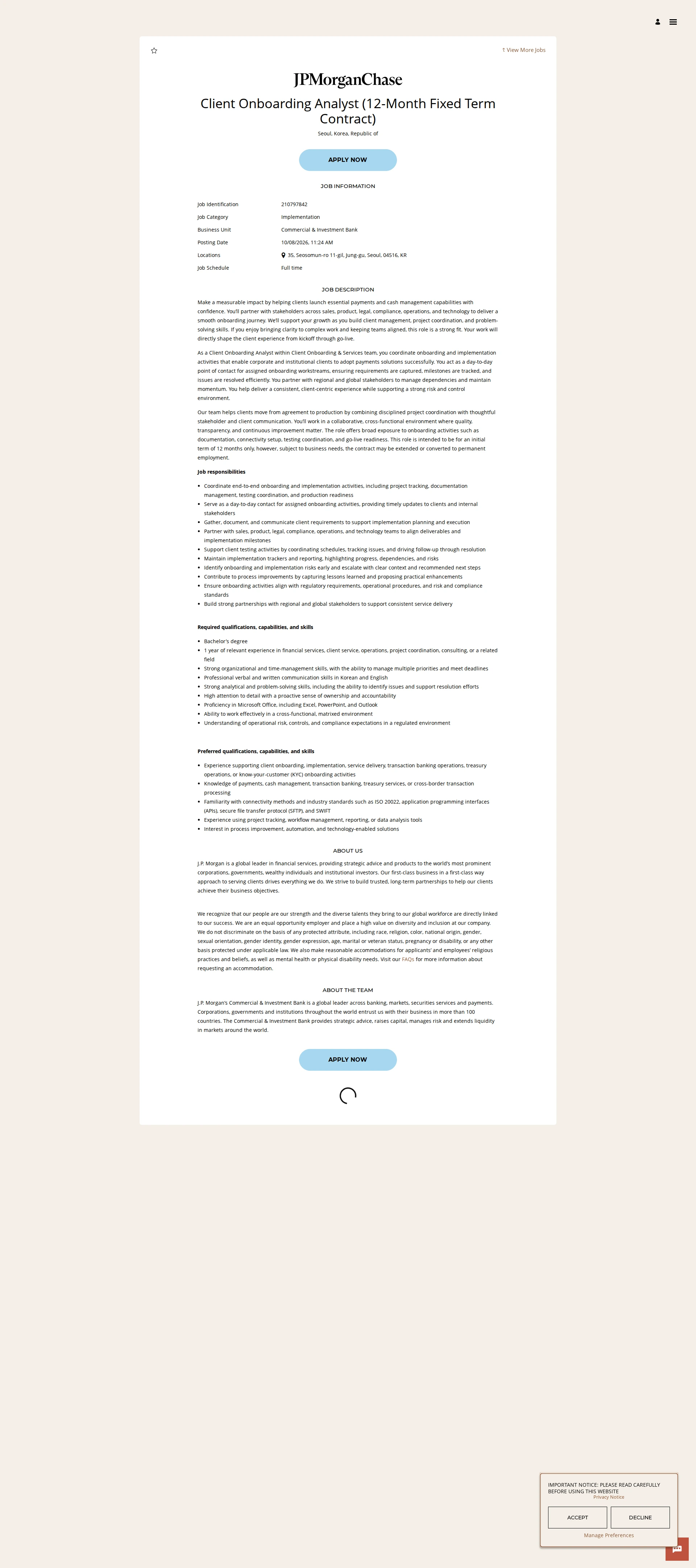 JPMorganChase Client Onboarding Analyst (12-Month Fixed Term Contract) 채용공고
