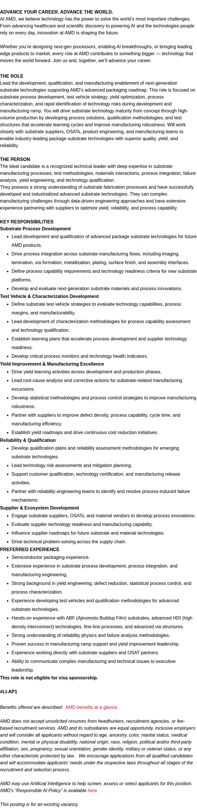 AMD Substrate Process & Test Technology Development 채용공고