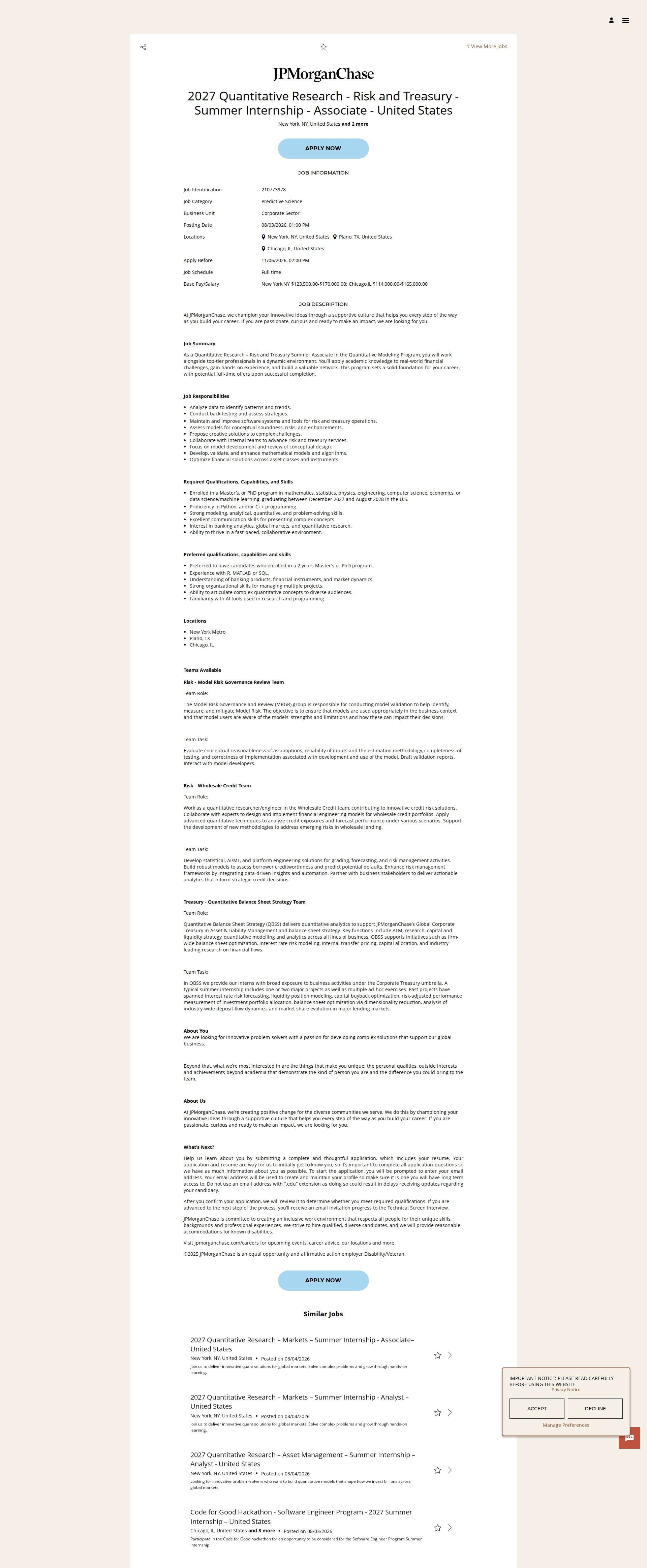 JPMorganChase 2027 Quantitative Research - Risk and Treasury - Summer Internship - Associate - United States 채용공고
