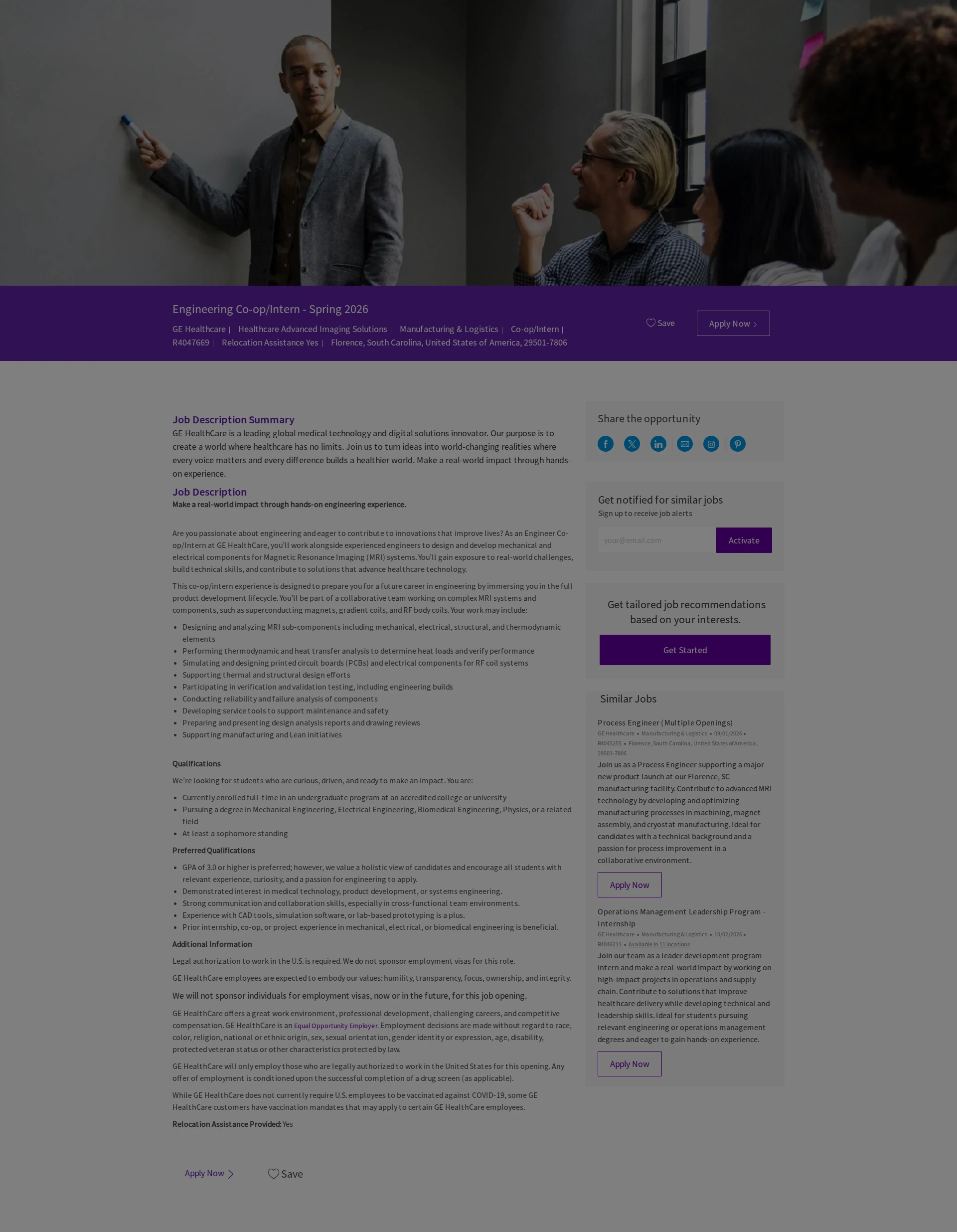 GE헬스케어 Engineering Co-op/Intern - Spring 2026 채용공고