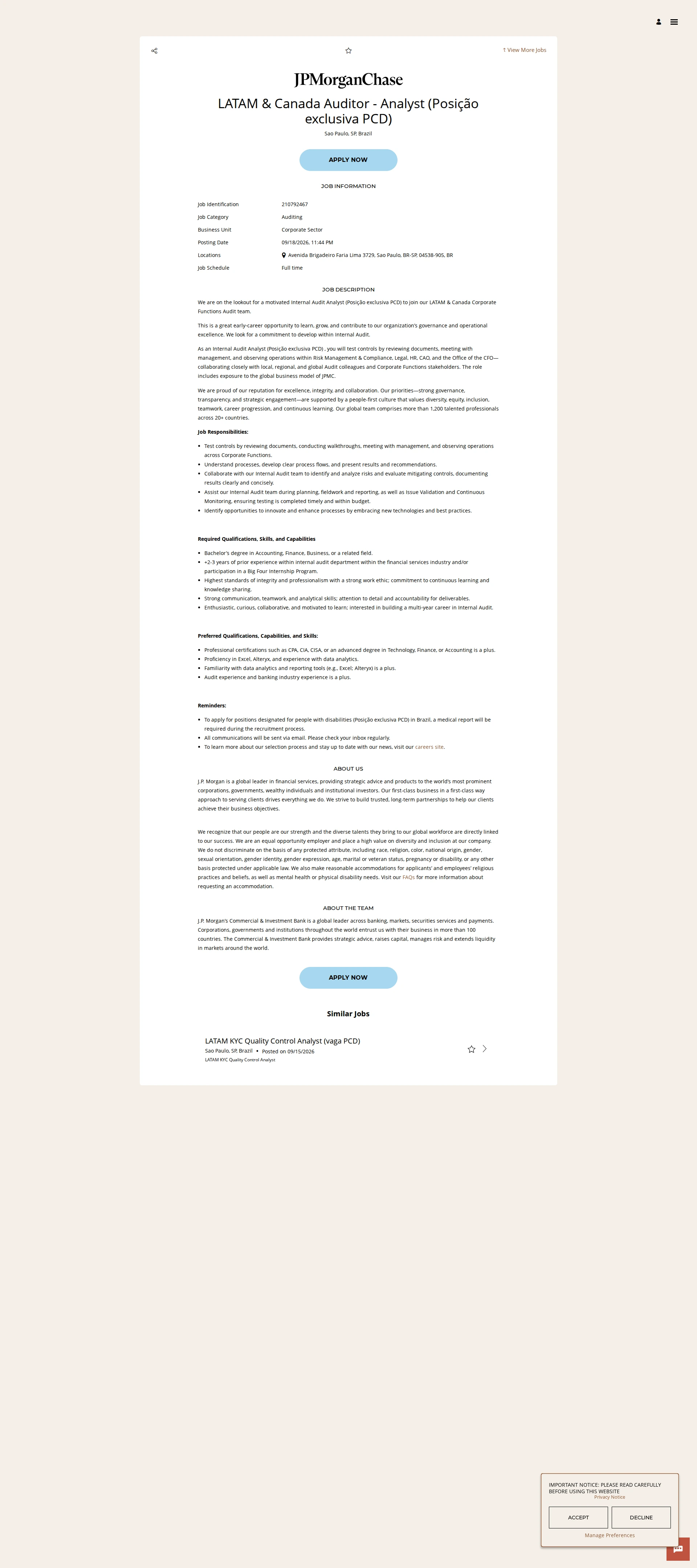 JPMorganChase LATAM & Canada Auditor - Analyst (Posição exclusiva PCD) 채용공고
