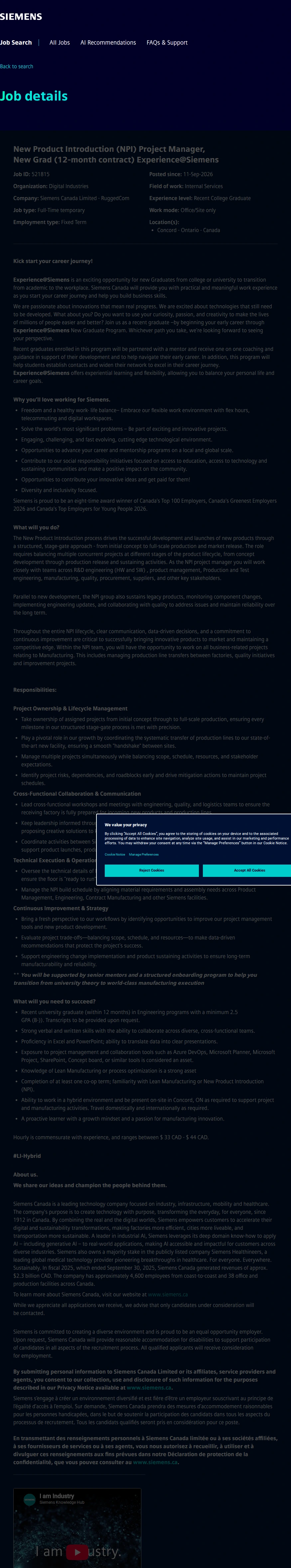 지멘스 New Product Introduction (NPI) Project Manager, New Grad (12-month contract) Experience@Siemens 채용공고