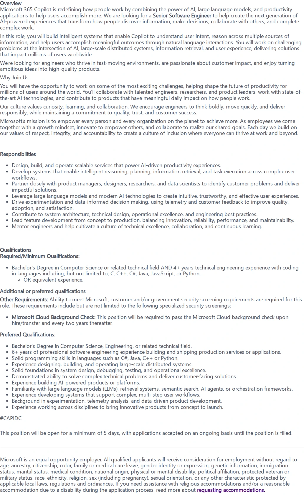마이크로소프트(Microsoft) Senior Software Engineer - Distributed Systems 채용공고