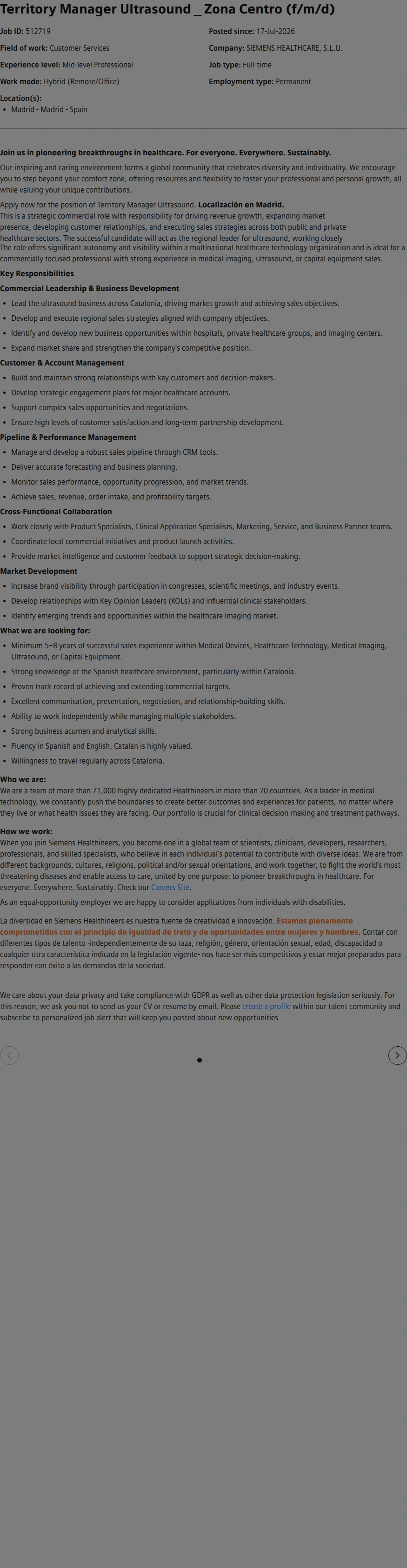 SiemensHealthineers Territory Manager Ultrasound _ Zona Centro (f/m/d) 채용공고