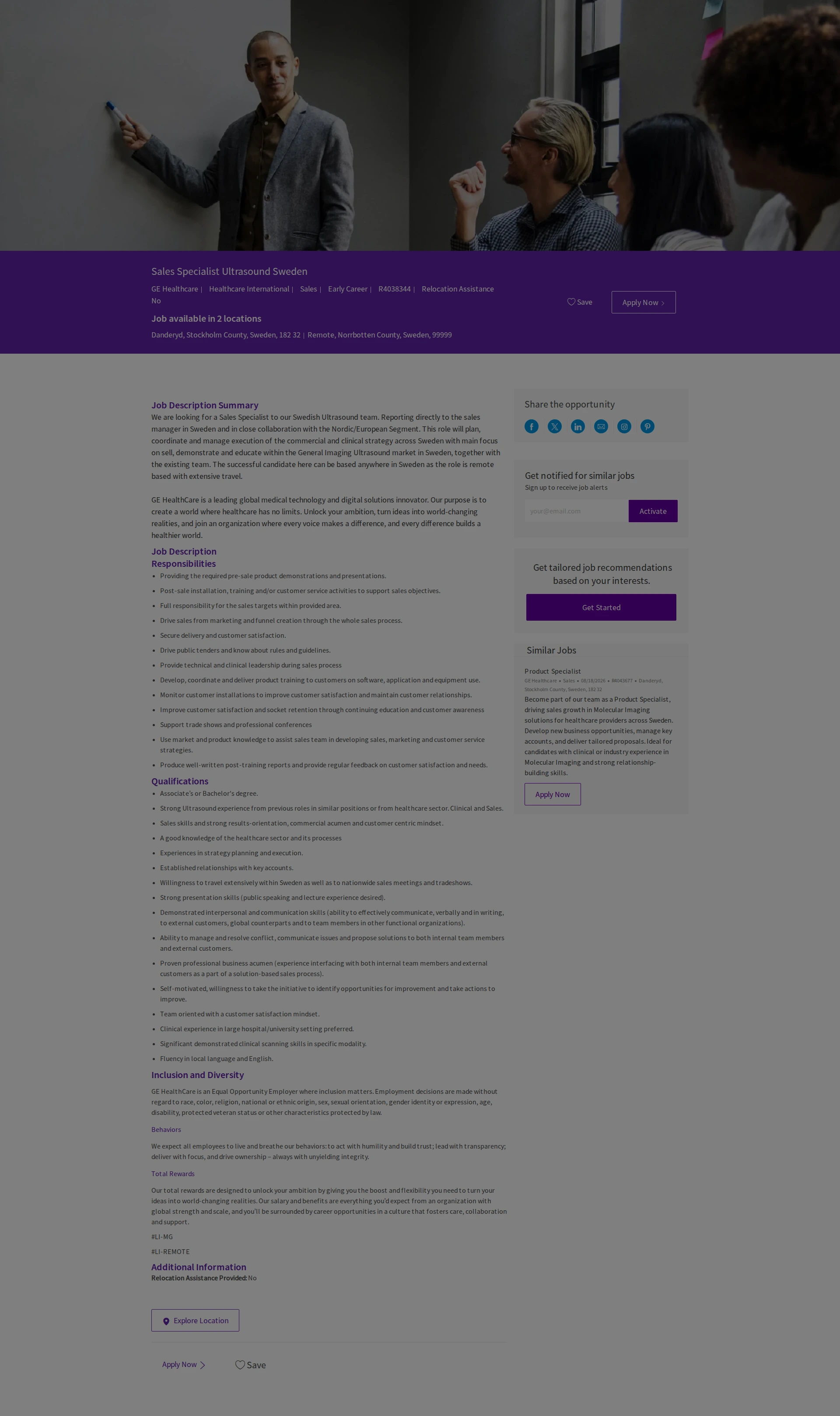 GE헬스케어 Sales Specialist Ultrasound Sweden 채용공고