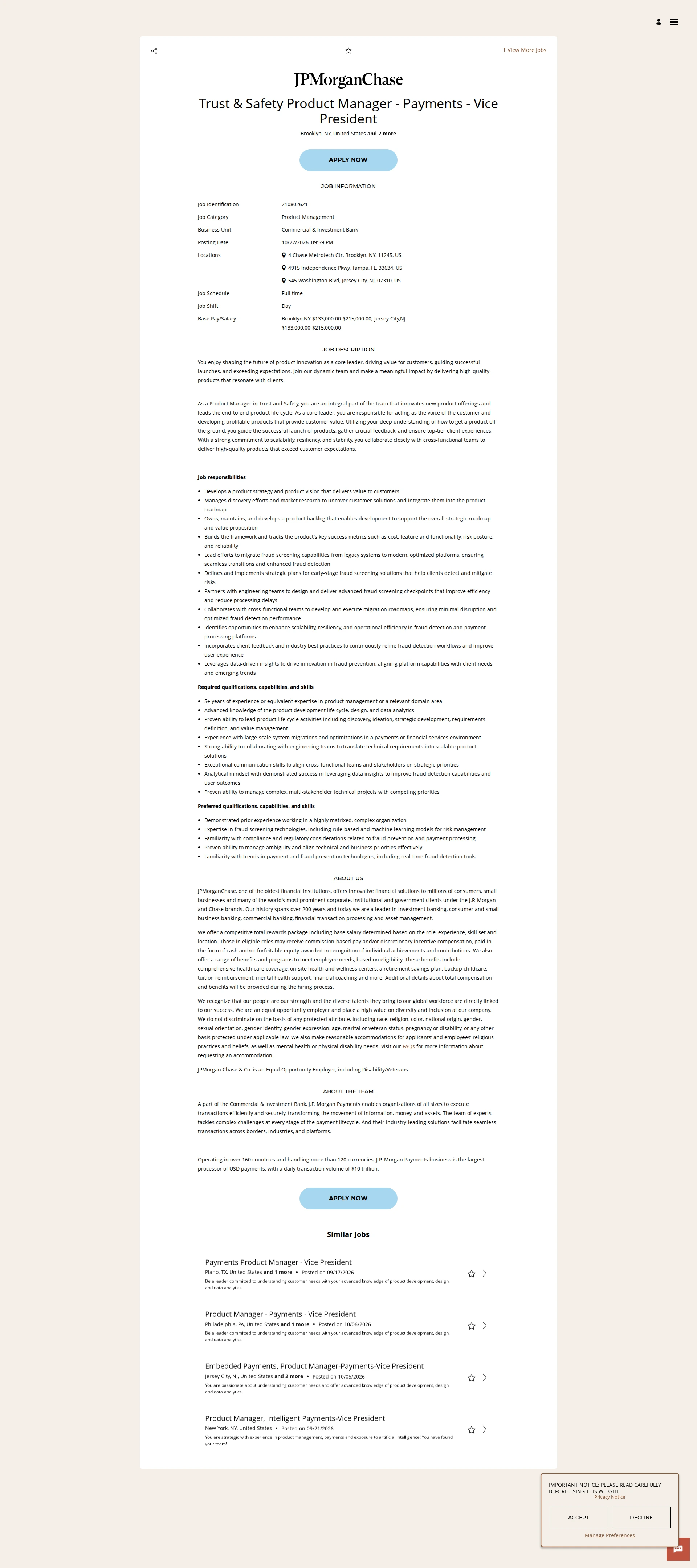 JPMorganChase Trust & Safety Product Manager - Payments - Vice President 채용공고