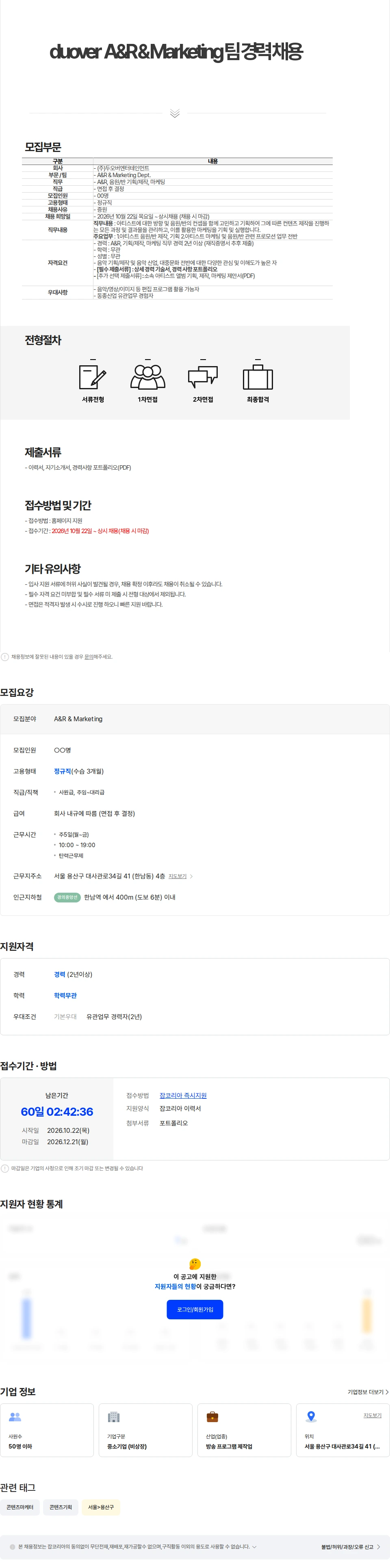 두오버엔터테인먼트 duover A&R & Marketing팀  경력직  채용 채용공고