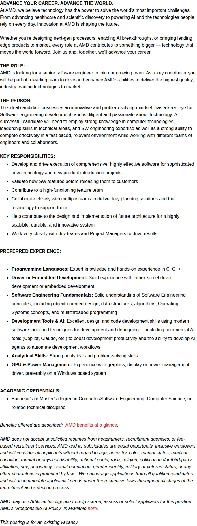 AMD Sr. Software Engineer– Kernel & Device Drivers (Temp 1 Year Contract) 채용공고