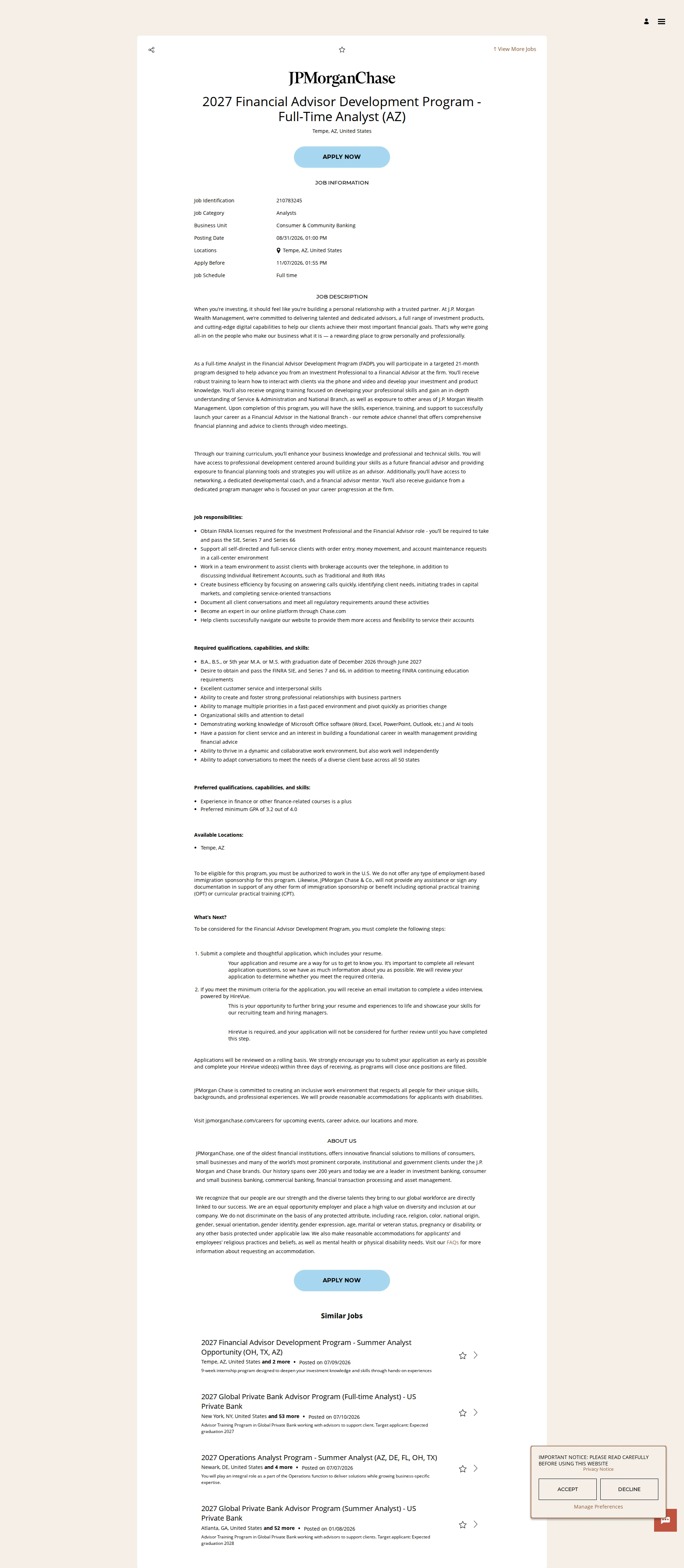 JPMorganChase 2027 Financial Advisor Development Program - Full-Time Analyst (AZ) 채용공고