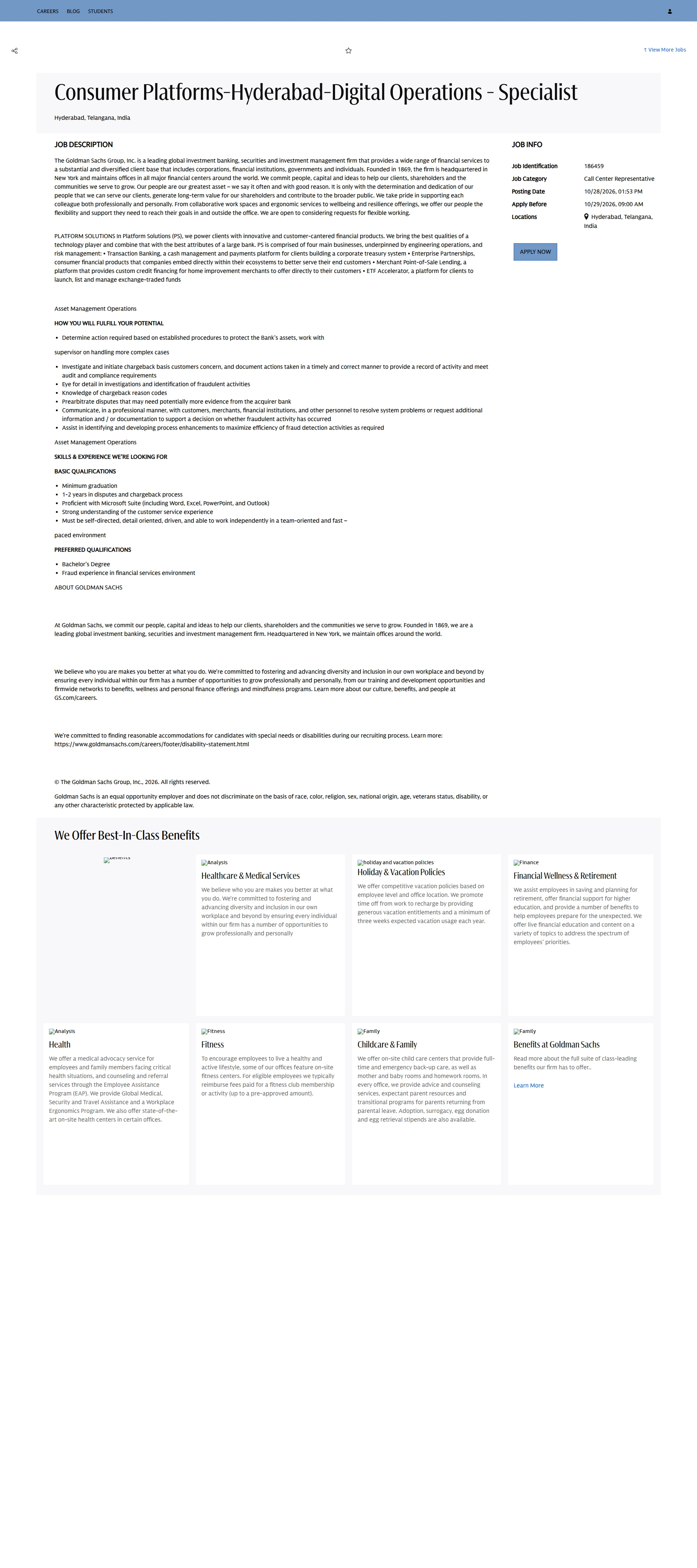 골드만삭스 Consumer Platforms-Hyderabad-Digital Operations - Specialist 채용공고