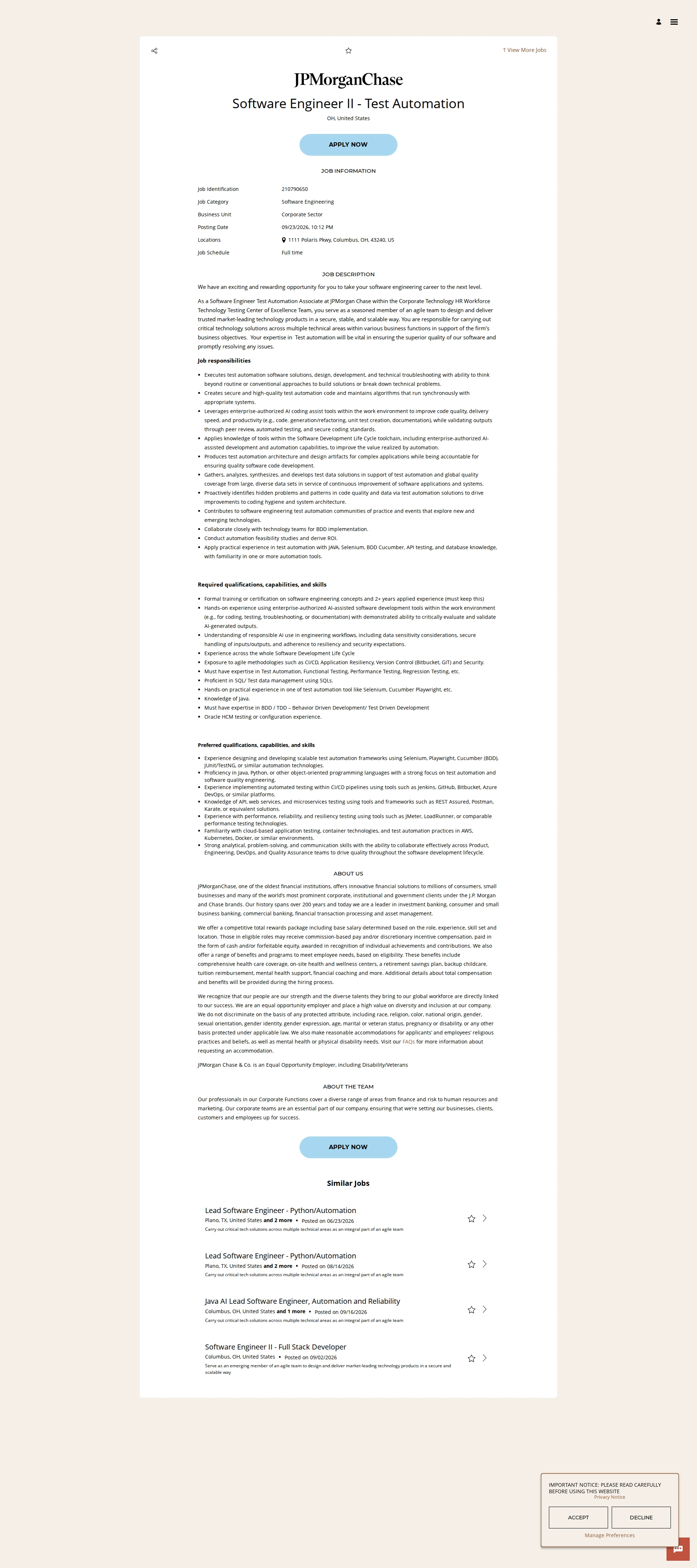 JPMorganChase Software Engineer II - Test Automation 채용공고