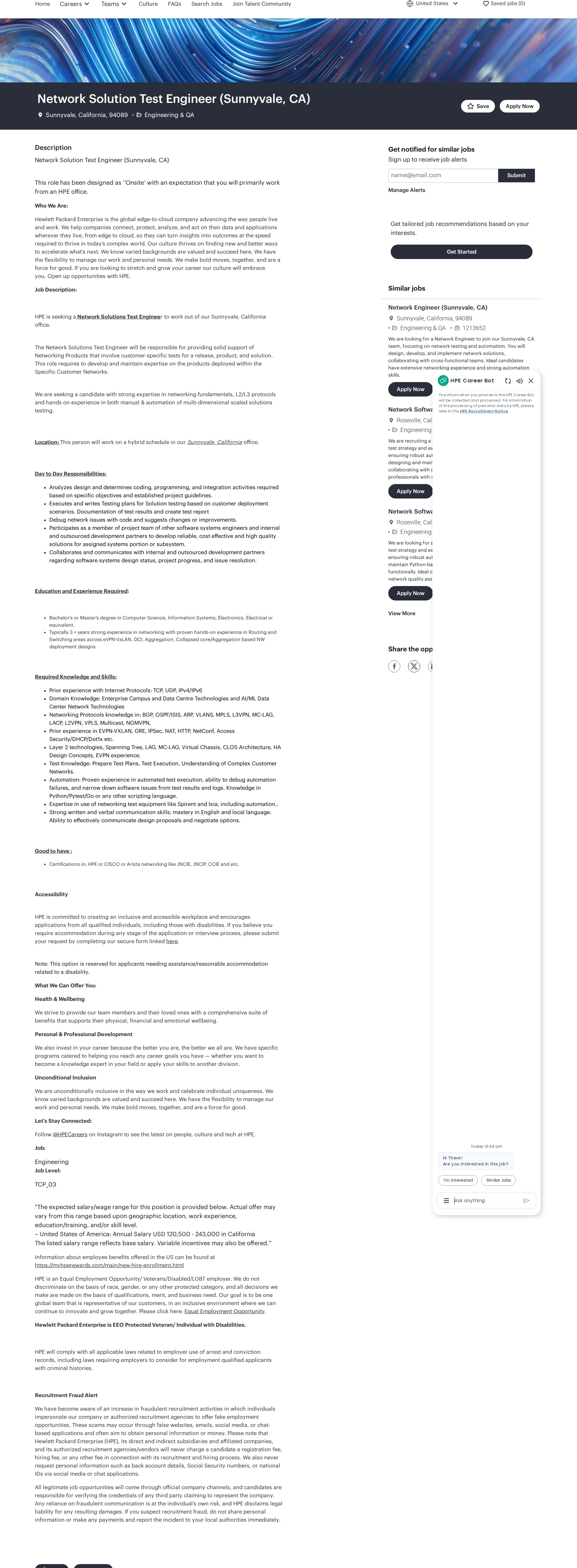 HP Network Solution Test Engineer (Sunnyvale, CA) 채용공고