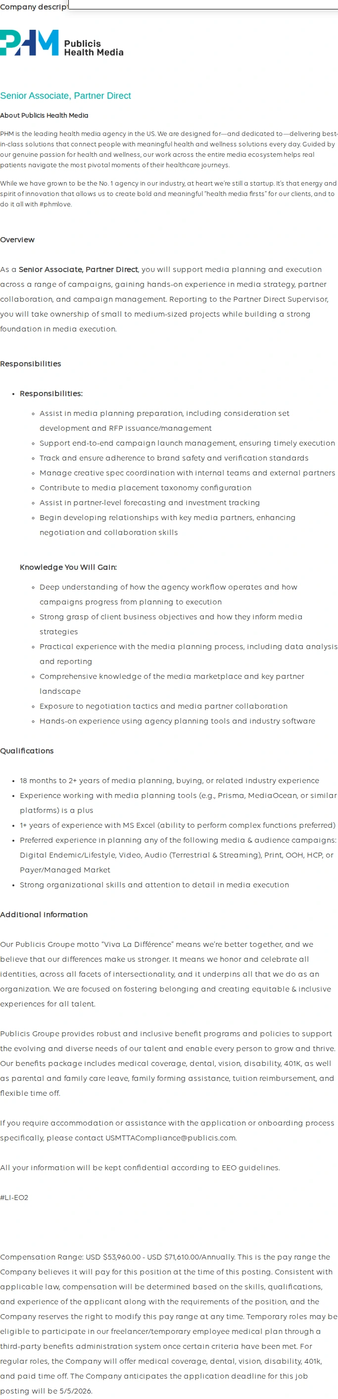 Publicis Groupe Senior Associate, Partner Direct (Investment) 채용공고
