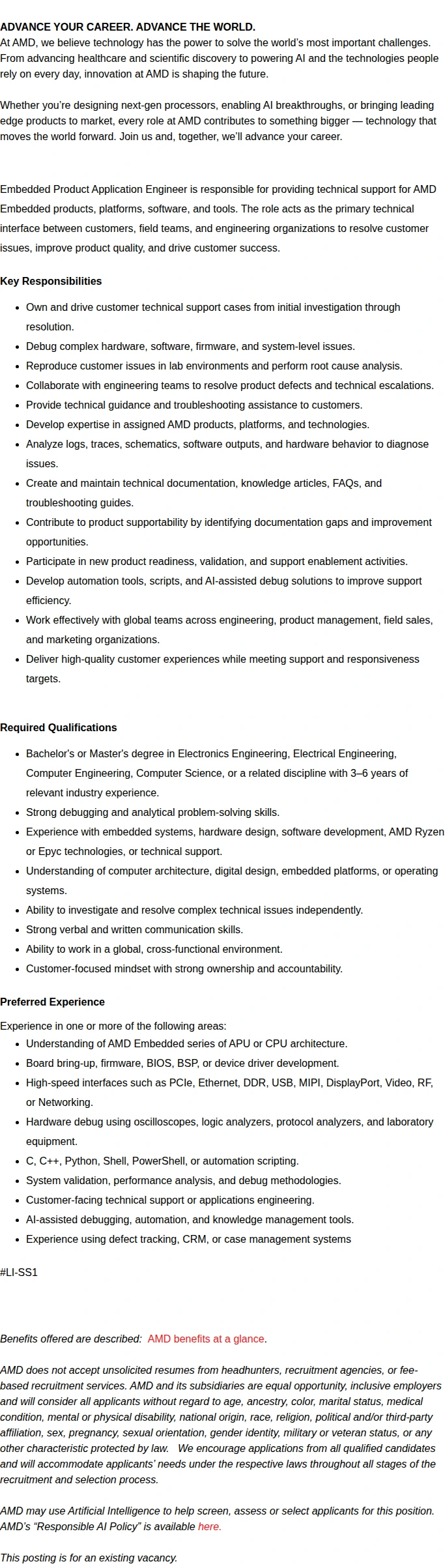 AMD Embedded Product Application Engineer 채용공고