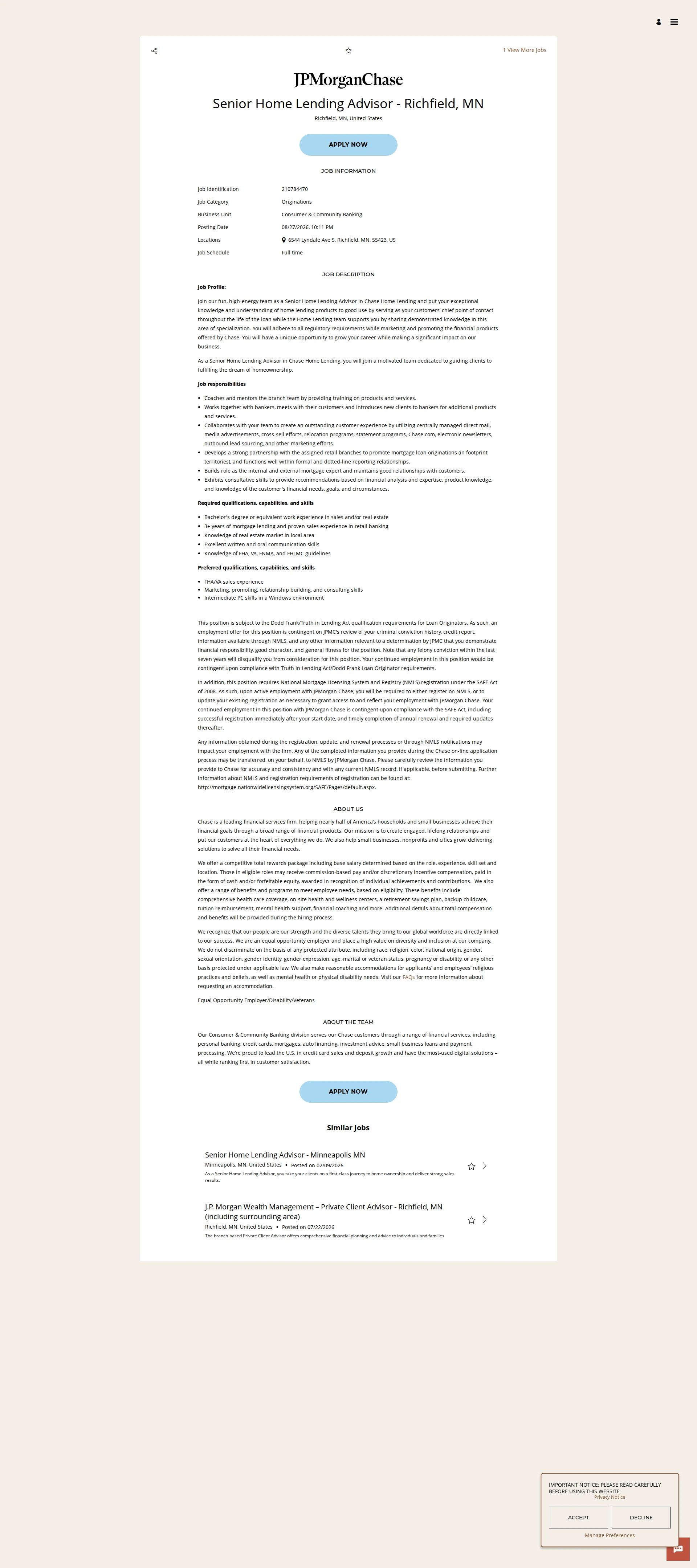 JPMorganChase Senior Home Lending Advisor - Richfield, MN 채용공고
