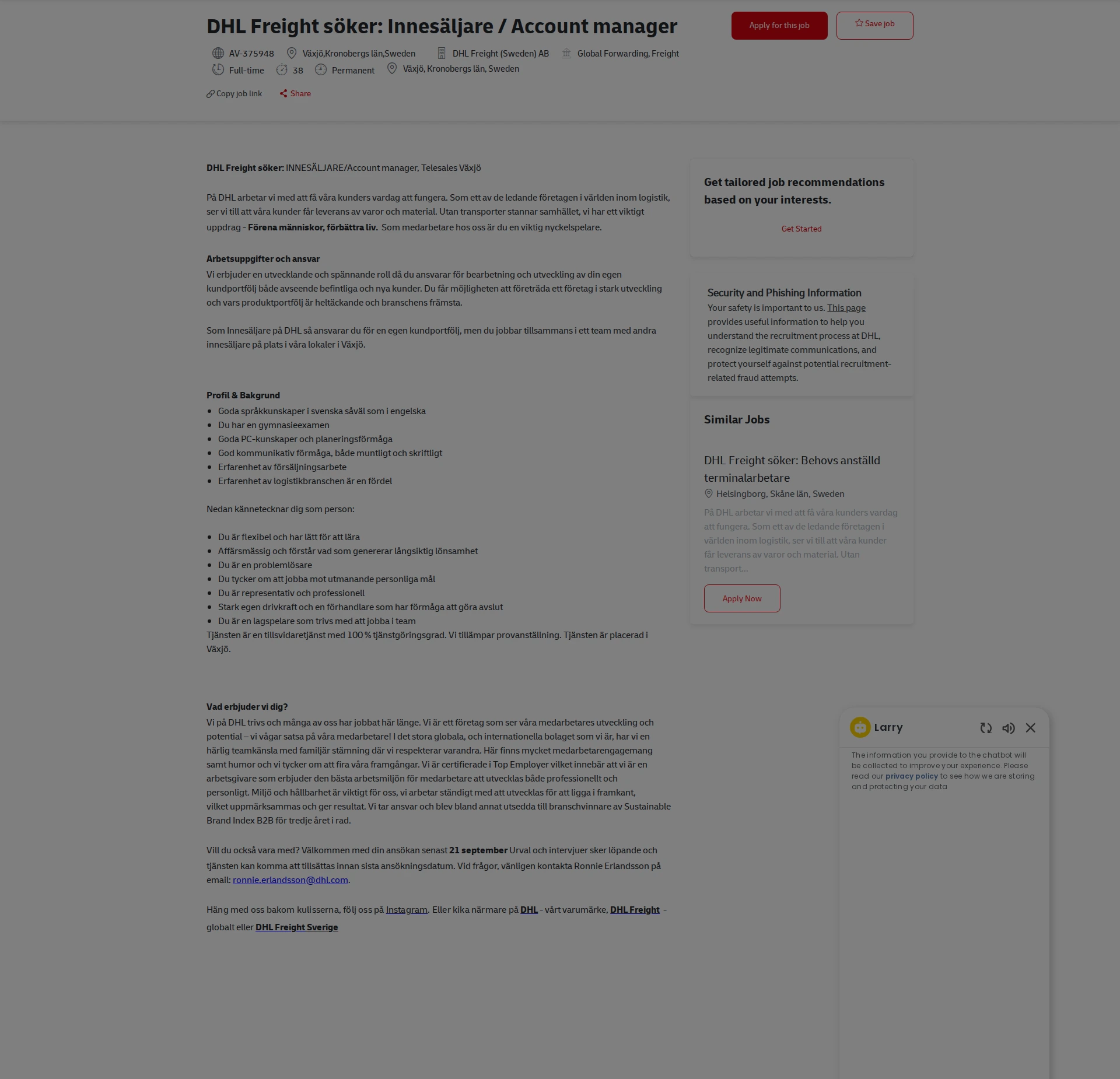 DHL DHL Freight söker: Innesäljare / Account manager 채용공고