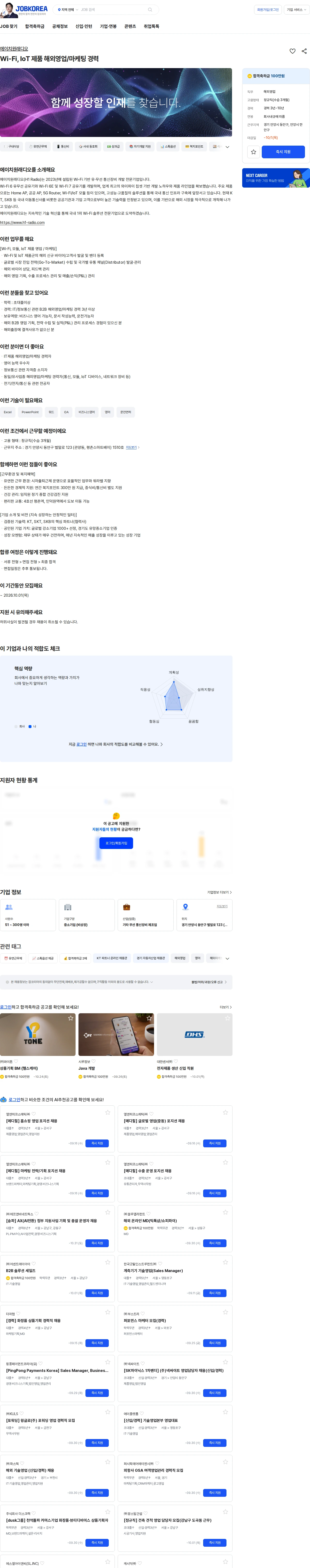 에이치원래디오 Wi-Fi, IoT 제품 해외영업/마케팅 경력 채용공고