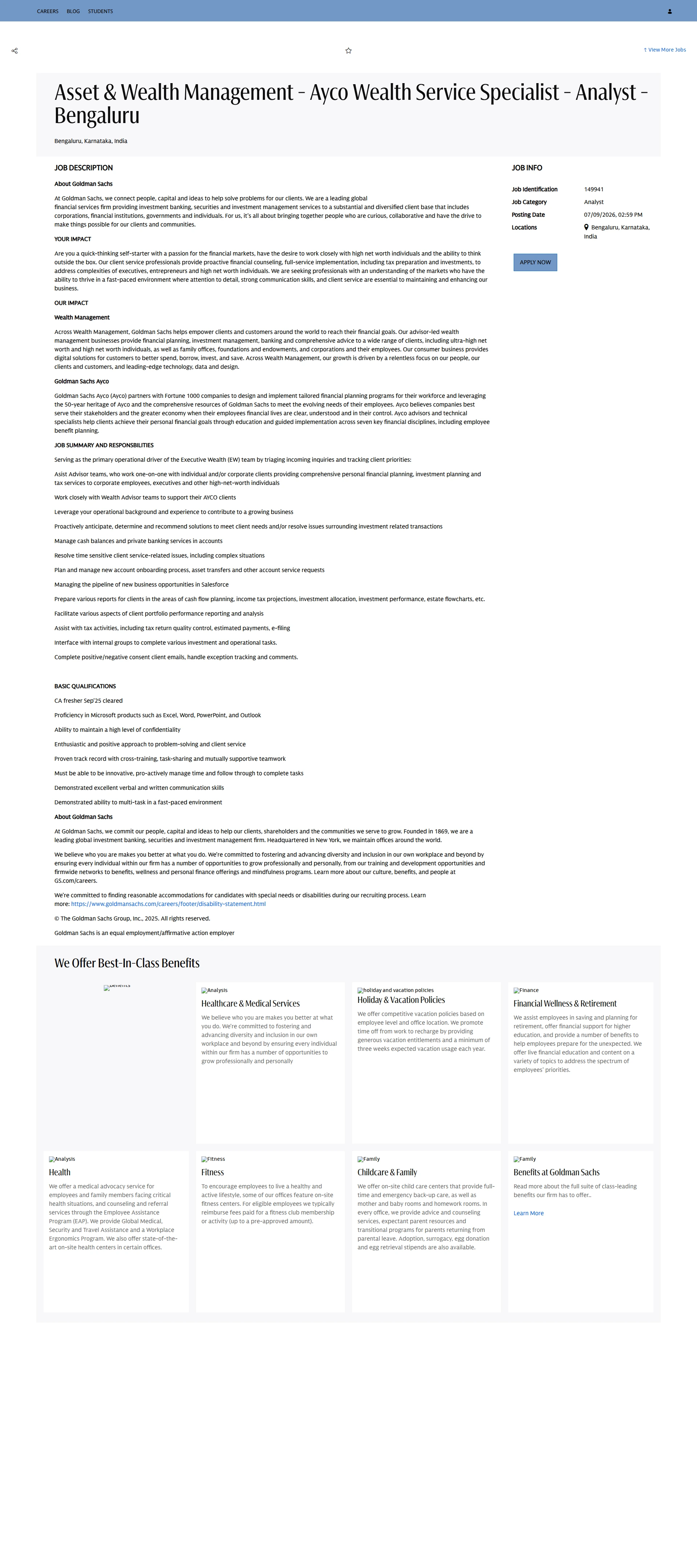 골드만삭스 Asset & Wealth Management - Ayco Wealth Service Specialist - Analyst - Bengaluru 채용공고
